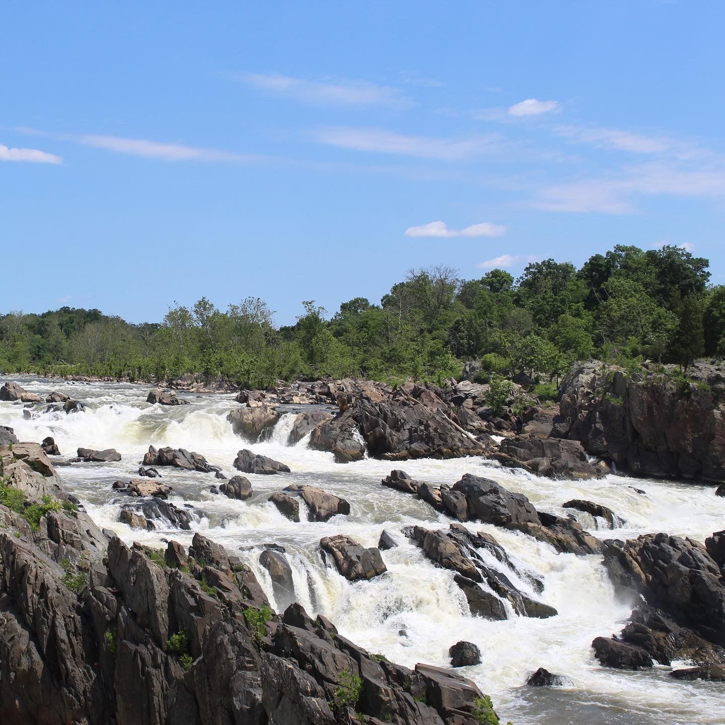 White water rapids cascade over rugged rocky cliffs along a river, with lush green trees and a blue sky with wispy clouds above.