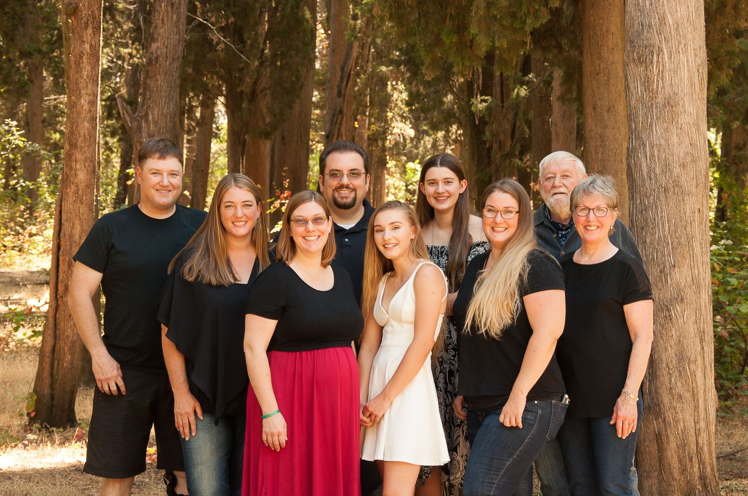 Large family group smiling together among tall redwood trees during an outdoor portrait session.