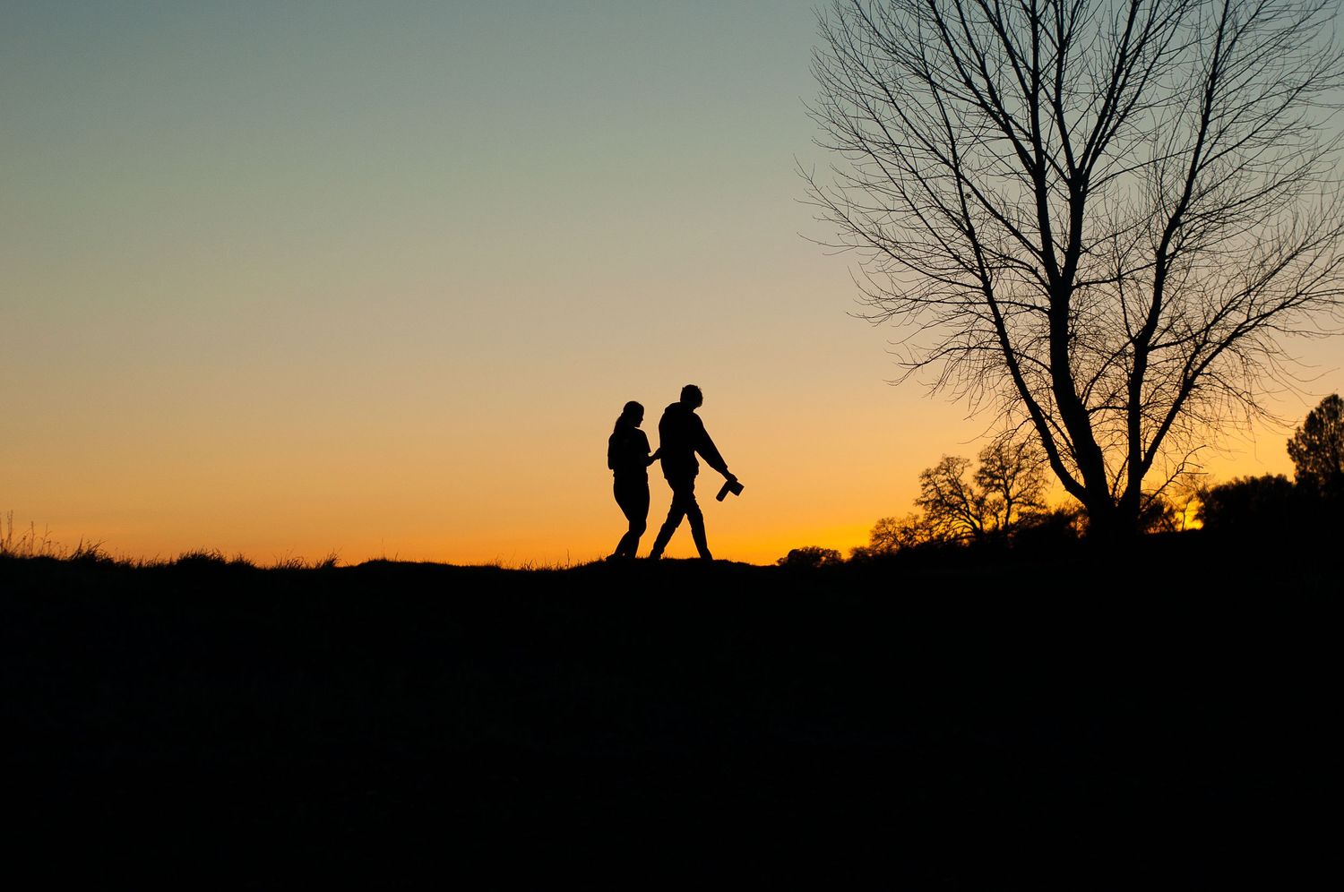 Silhouette of a couple holding hands against a colorful sunset sky.