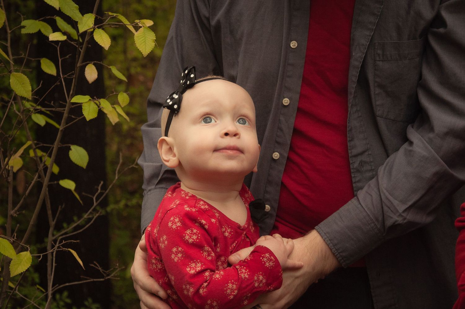 Young child looking upward with wonder in her eyes while being held during a family portrait session.