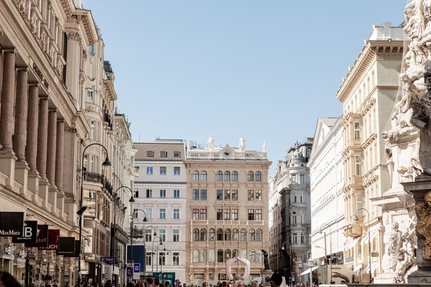 Architecture of buildings from the perspective of an alleyway in downtown Vienna, Austria