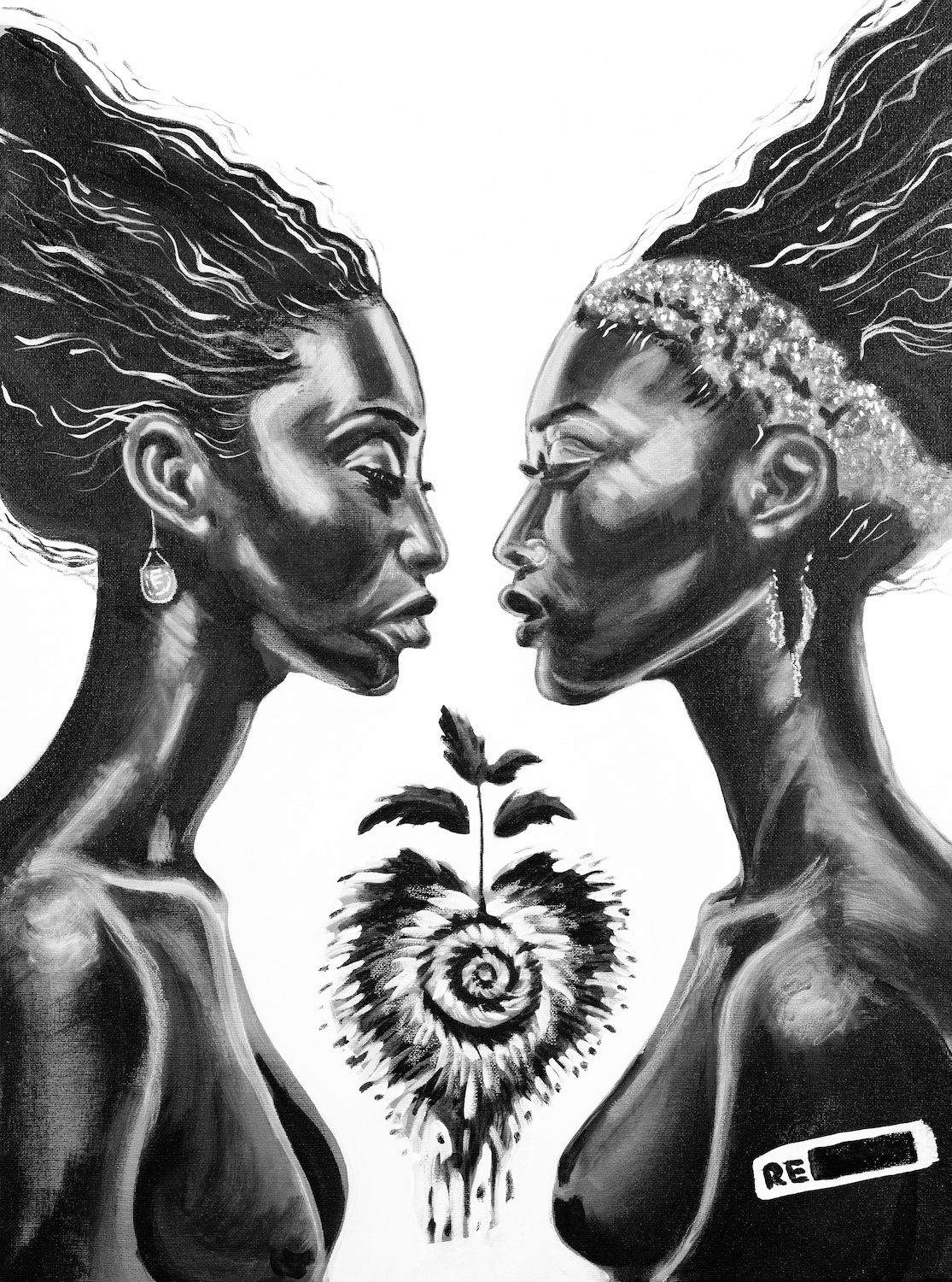 Black and White Painting of two women facing one another with a heart conch sprouting a tree between the women.