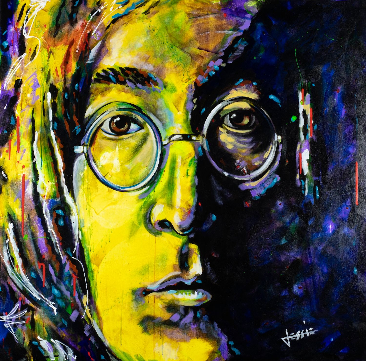 4'x4' painting of John Lennon by veteran artist and instructor Jessie Schwartz