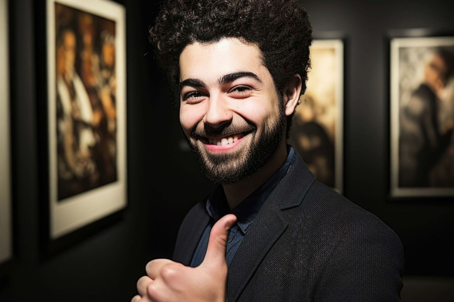 Man happy standing in front of art at a Gallery Show