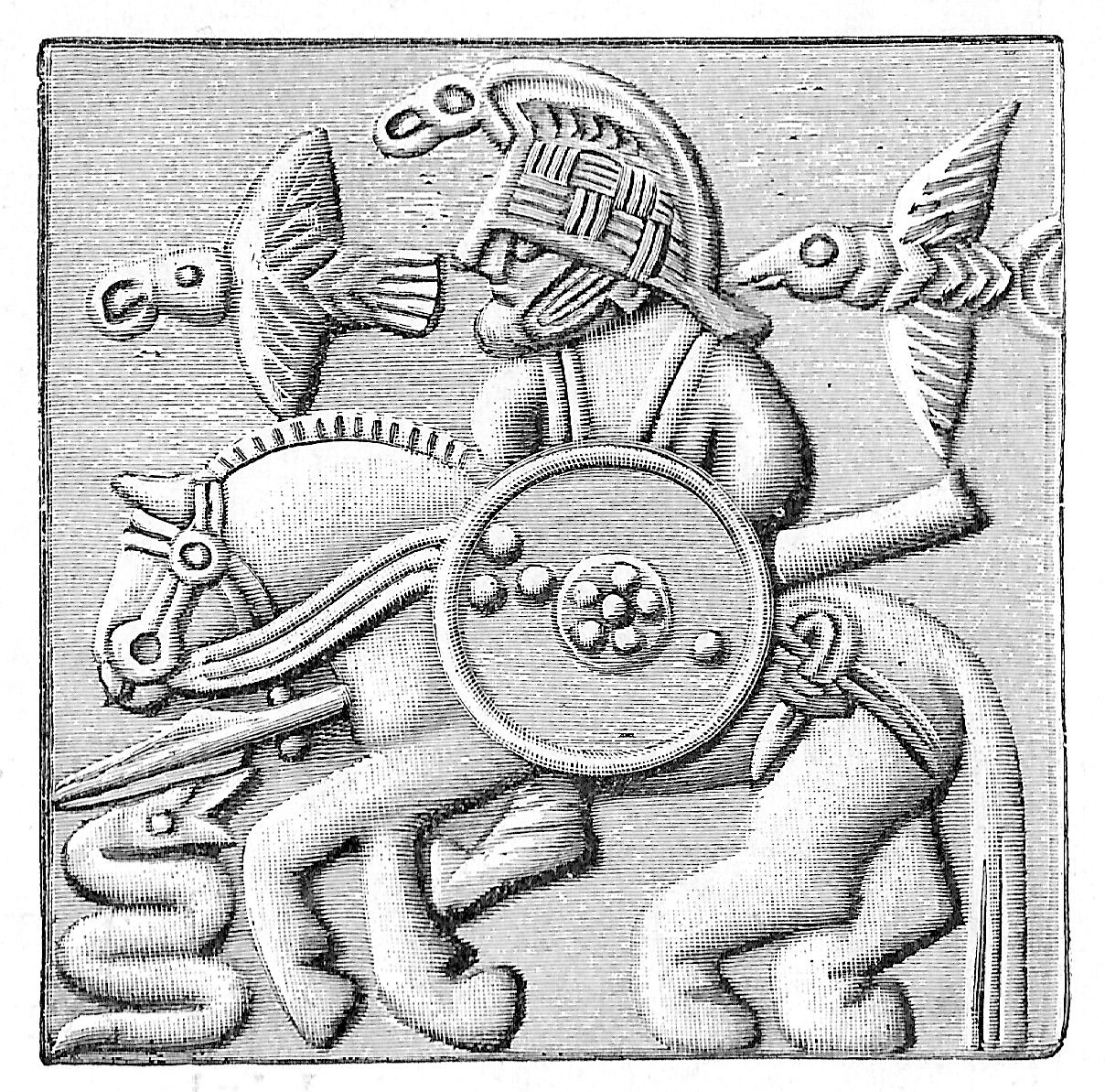 Image of historical art depicting Odin riding his horse, with Huginn and Muninn flying above him.