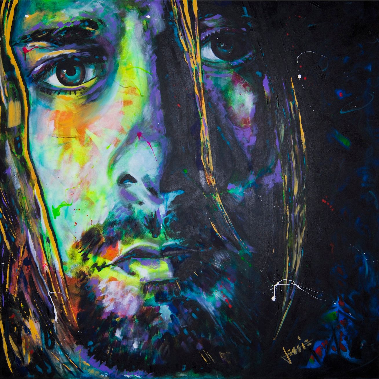 4'x4' painting of Kurt Cobain by veteran artist and instructor Jessie Schwartz