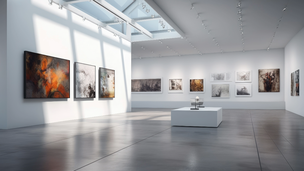 Gallery with art on the wall and sky lighting