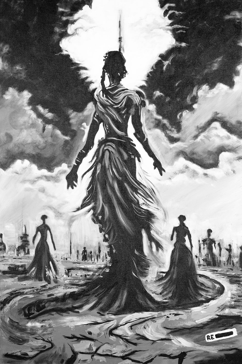 Black and White Painting of Woman standing in a drought region with other women off in the distance