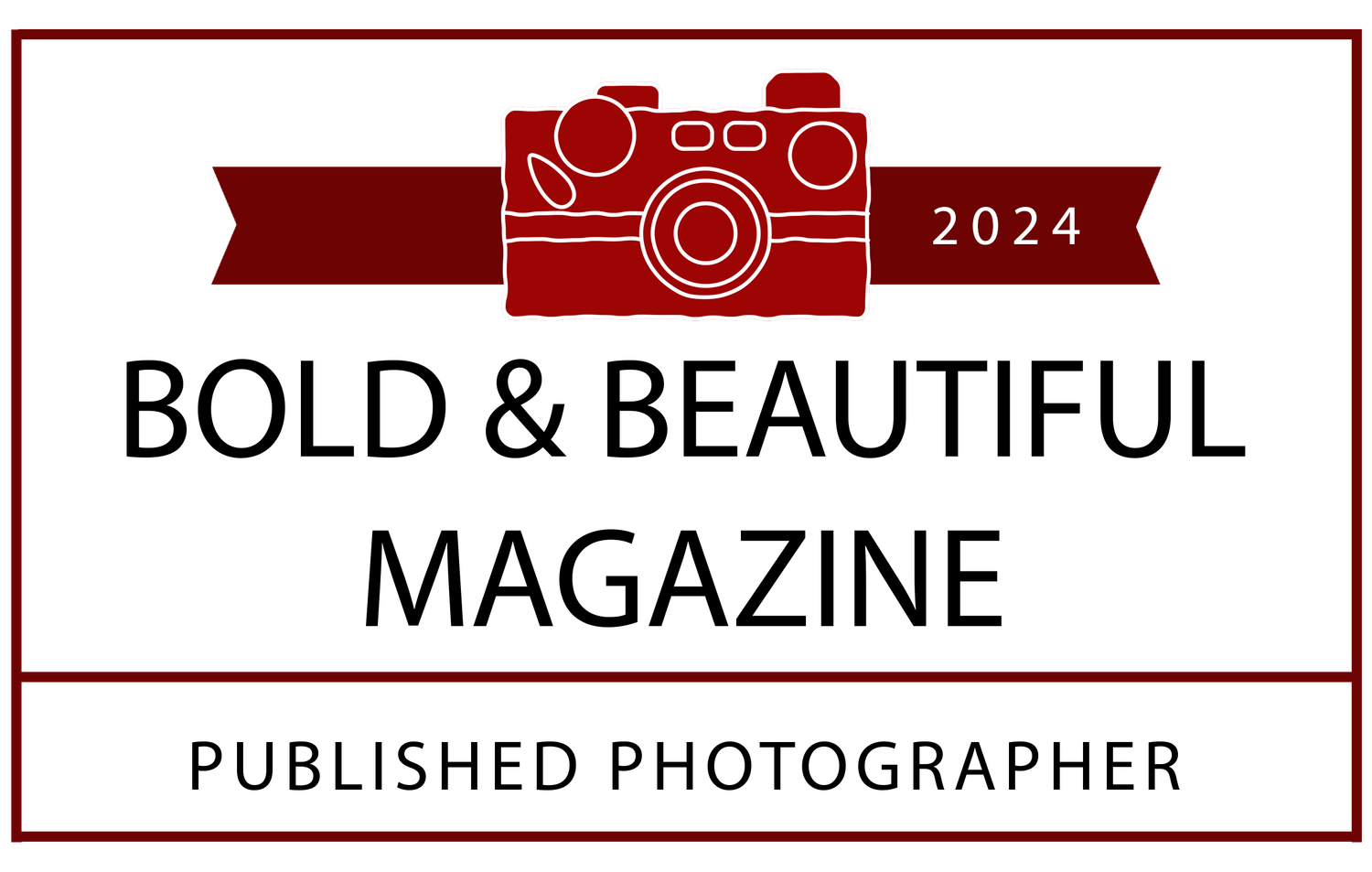 Professional photographer brand logo design in red and white with modern typography.