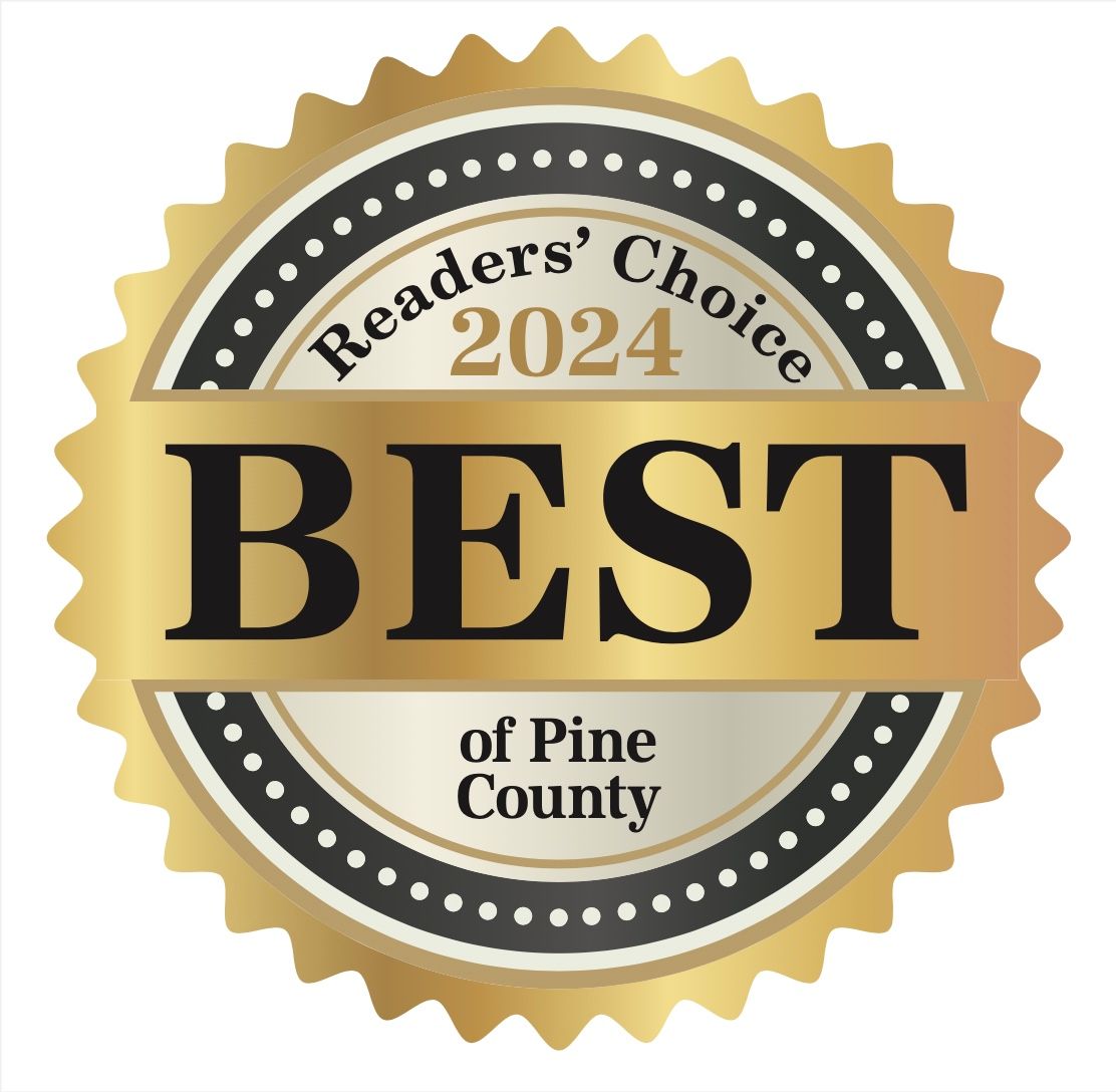 Gold seal awards displaying 'Best of Pine County 2024' in vintage badge style.