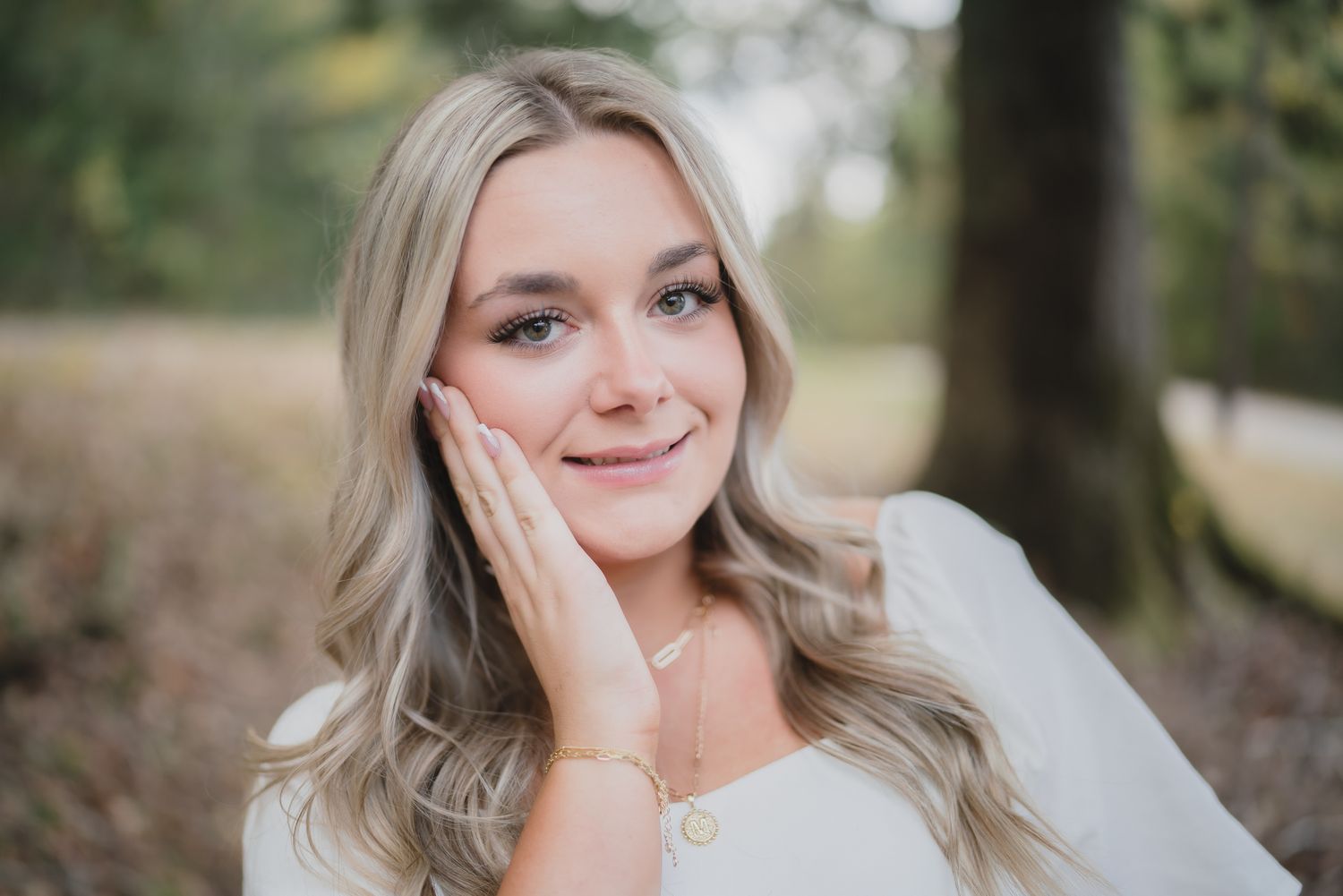 A series of outdoor portrait photos showing a woman with blonde hair in natural lighting.