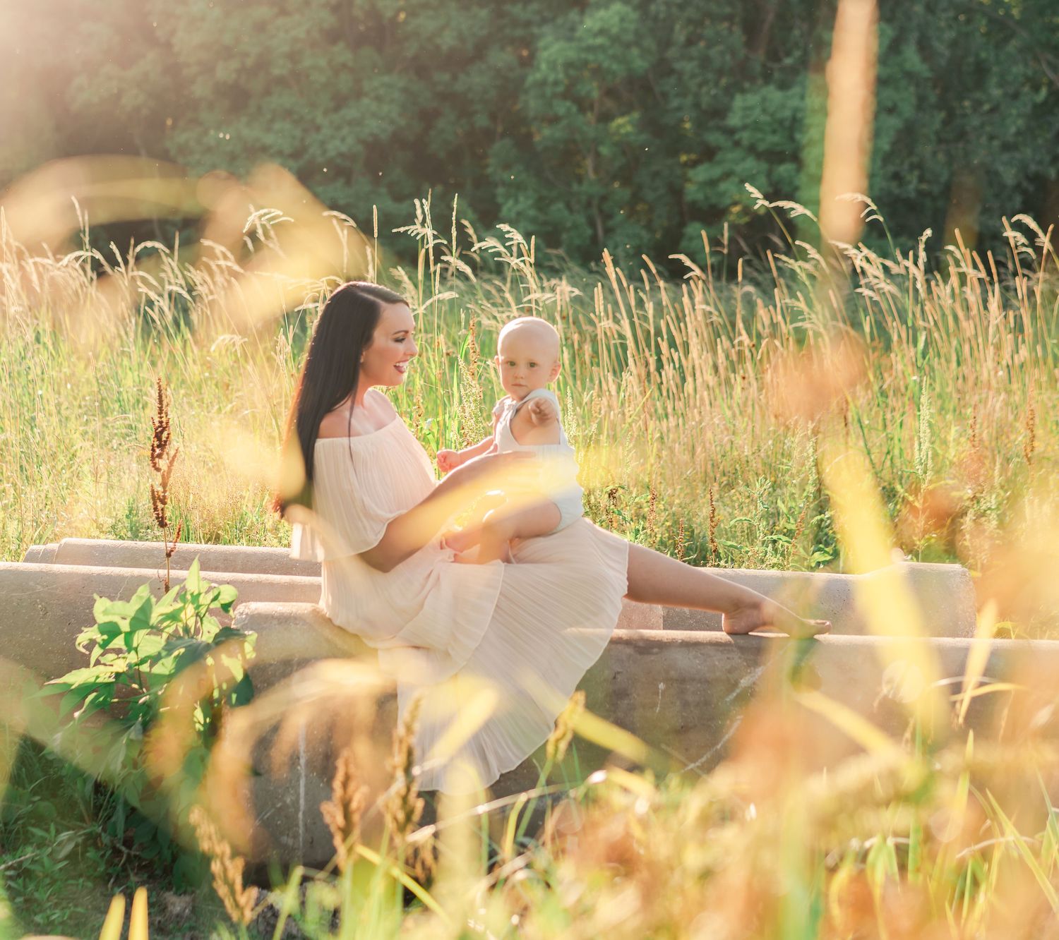 A tender moment shared on a rustic wooden bench surrounded by tall summer grasses in warm golden sunlight.