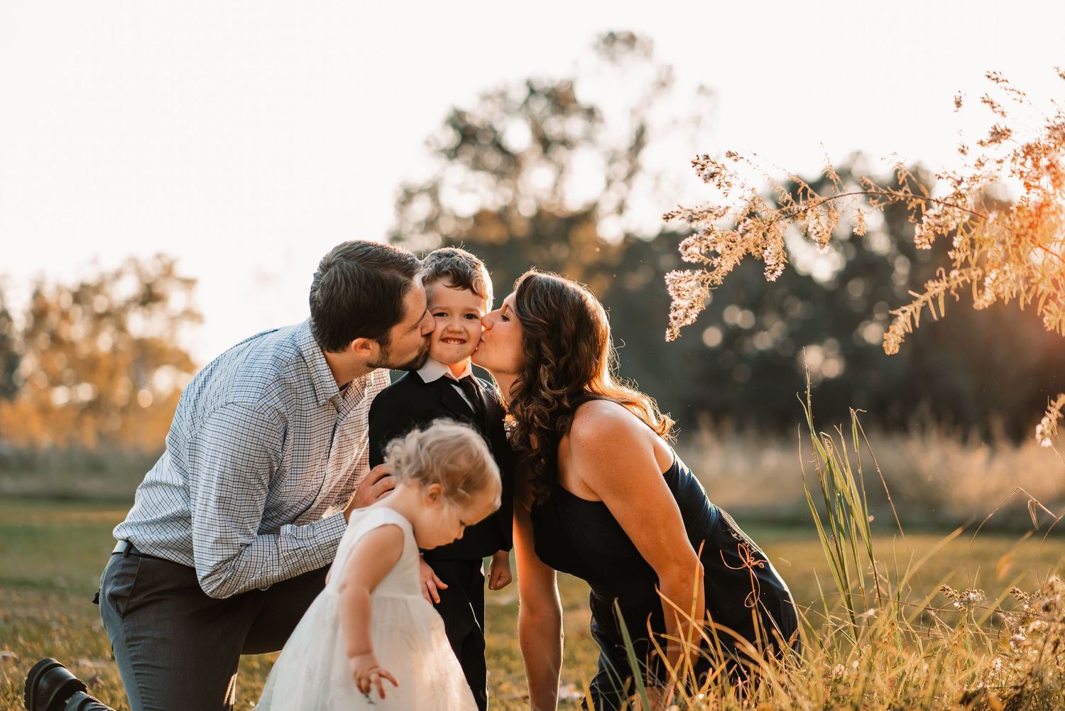 A family shares an intimate moment in a golden field at sunset.
