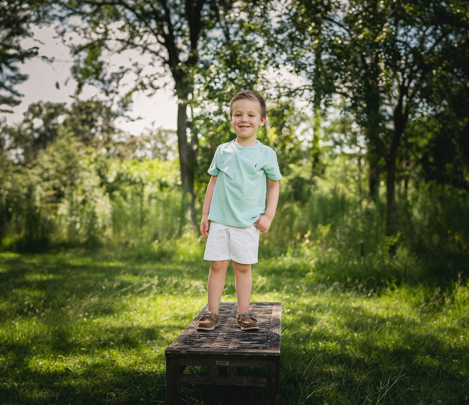 A bright summer scene of someone standing confidently on a wooden platform in a grassy field.