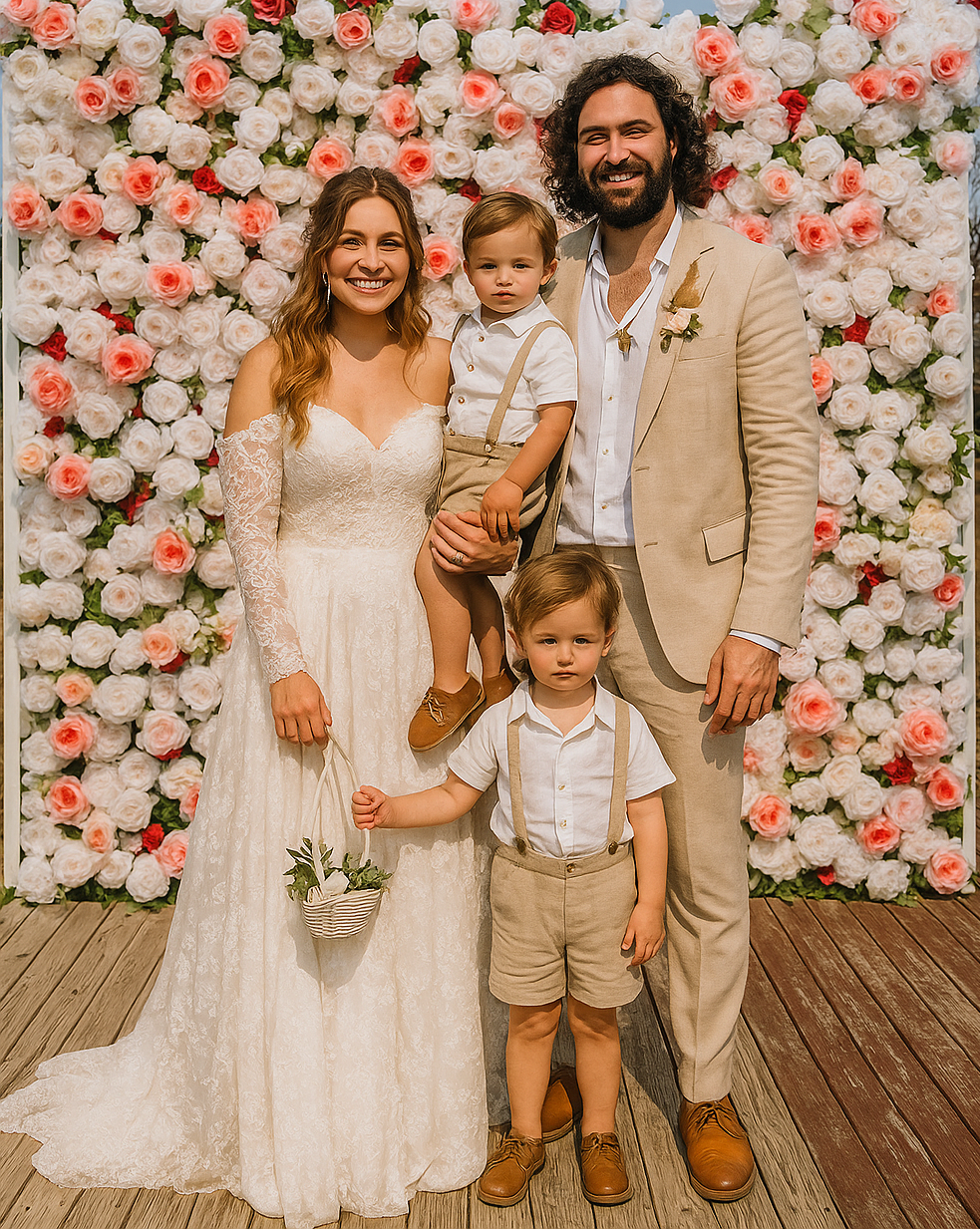 A romantic floral wall backdrop with white and coral roses creates an elegant setting for a wedding photo session.