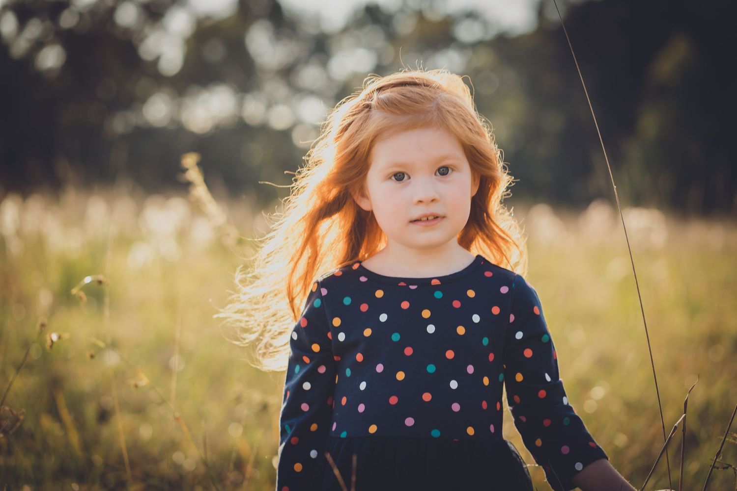 Young girl with red hair wearing polka dot sweater in golden field at sunset.