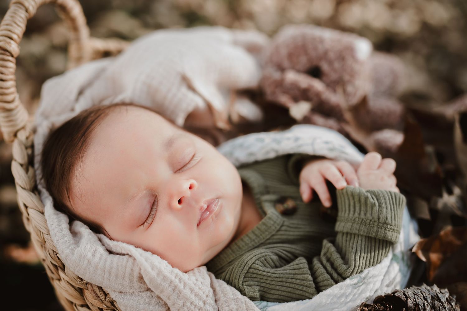 Peaceful sleeping baby in basket wearing green cardigan surrounded by cozy blankets and autumn leaves.