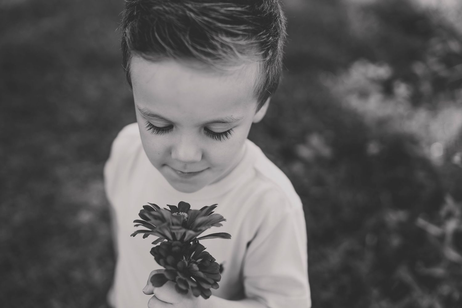 Black and white close-up photo showing gentle interaction with a flower.