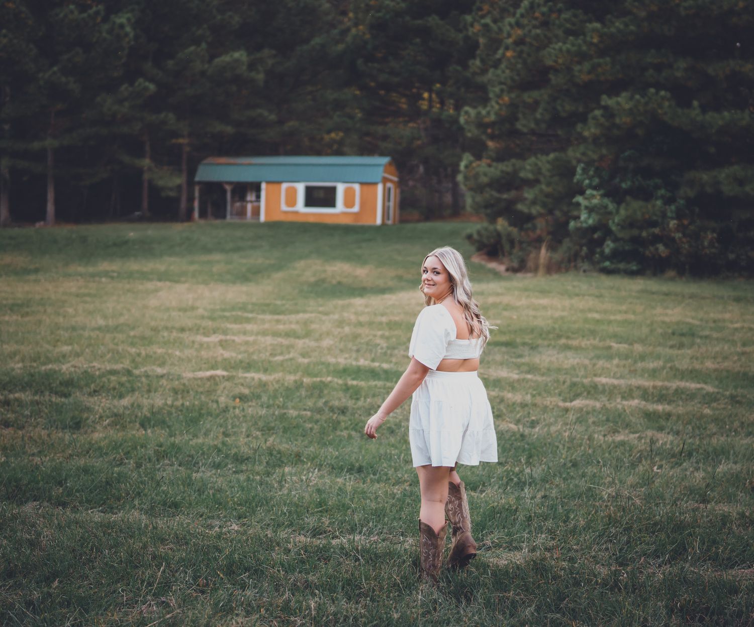 A series of dreamy outdoor portraits in a grassy field with a rustic cabin in the background.