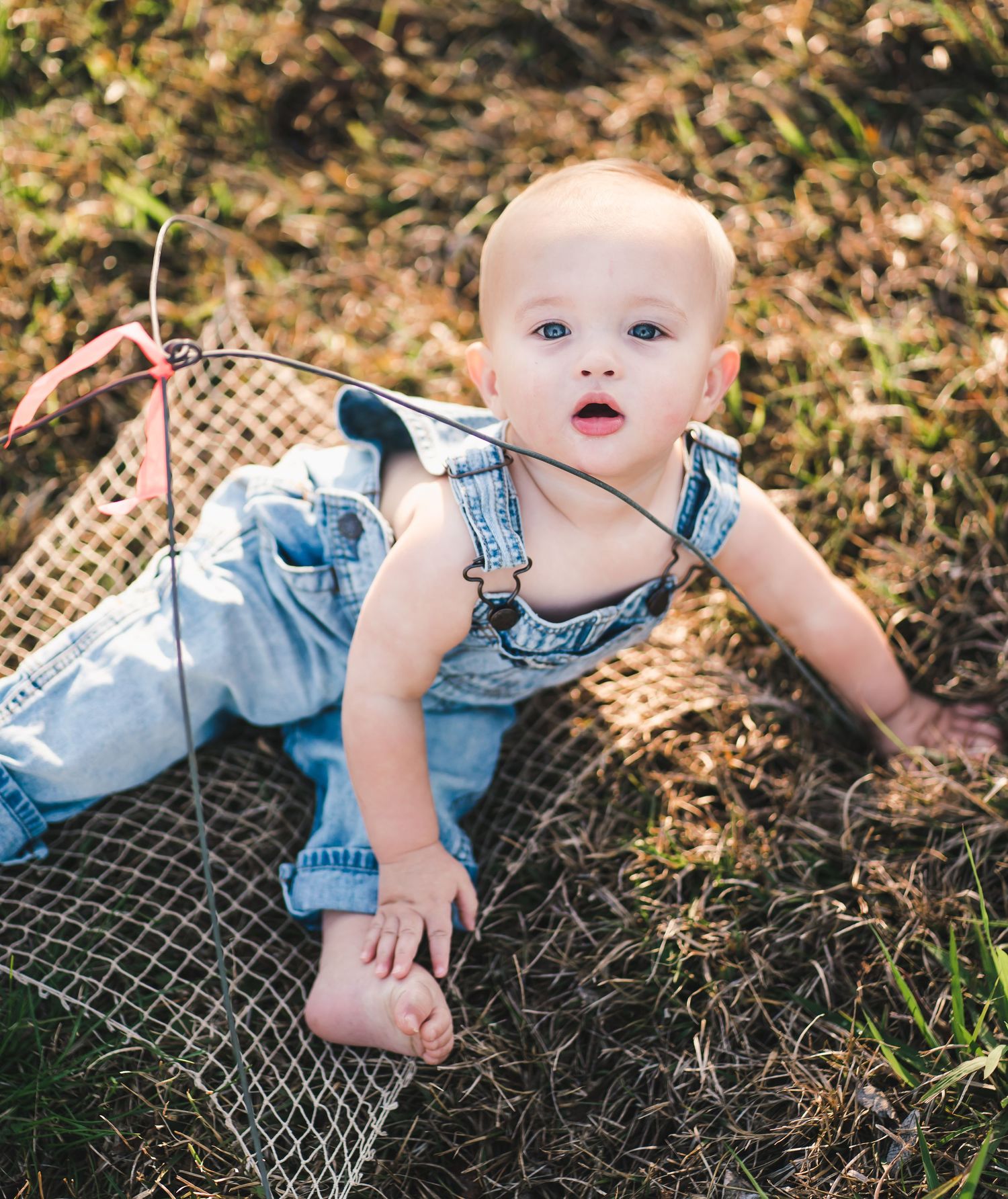 Baby in denim overalls crawls on metal mesh surface outdoors during portrait session.