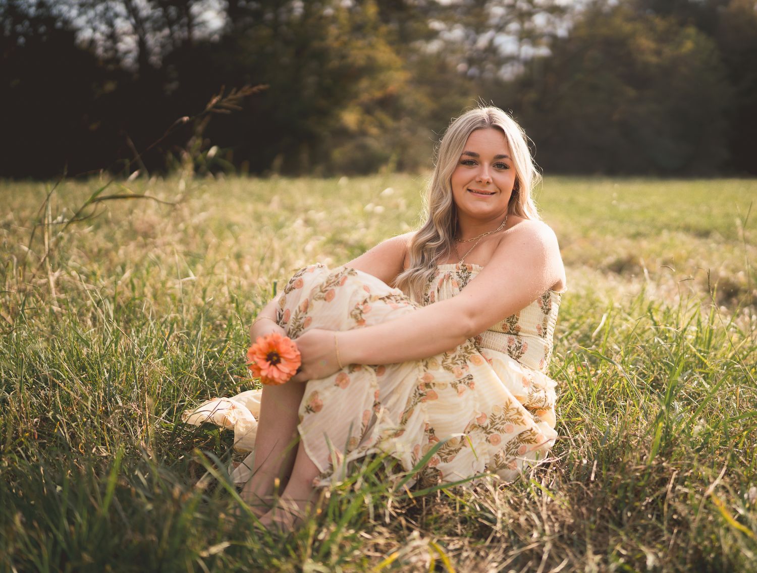 A person in a flowing peach dress lounges gracefully in a sunlit meadow during golden hour.