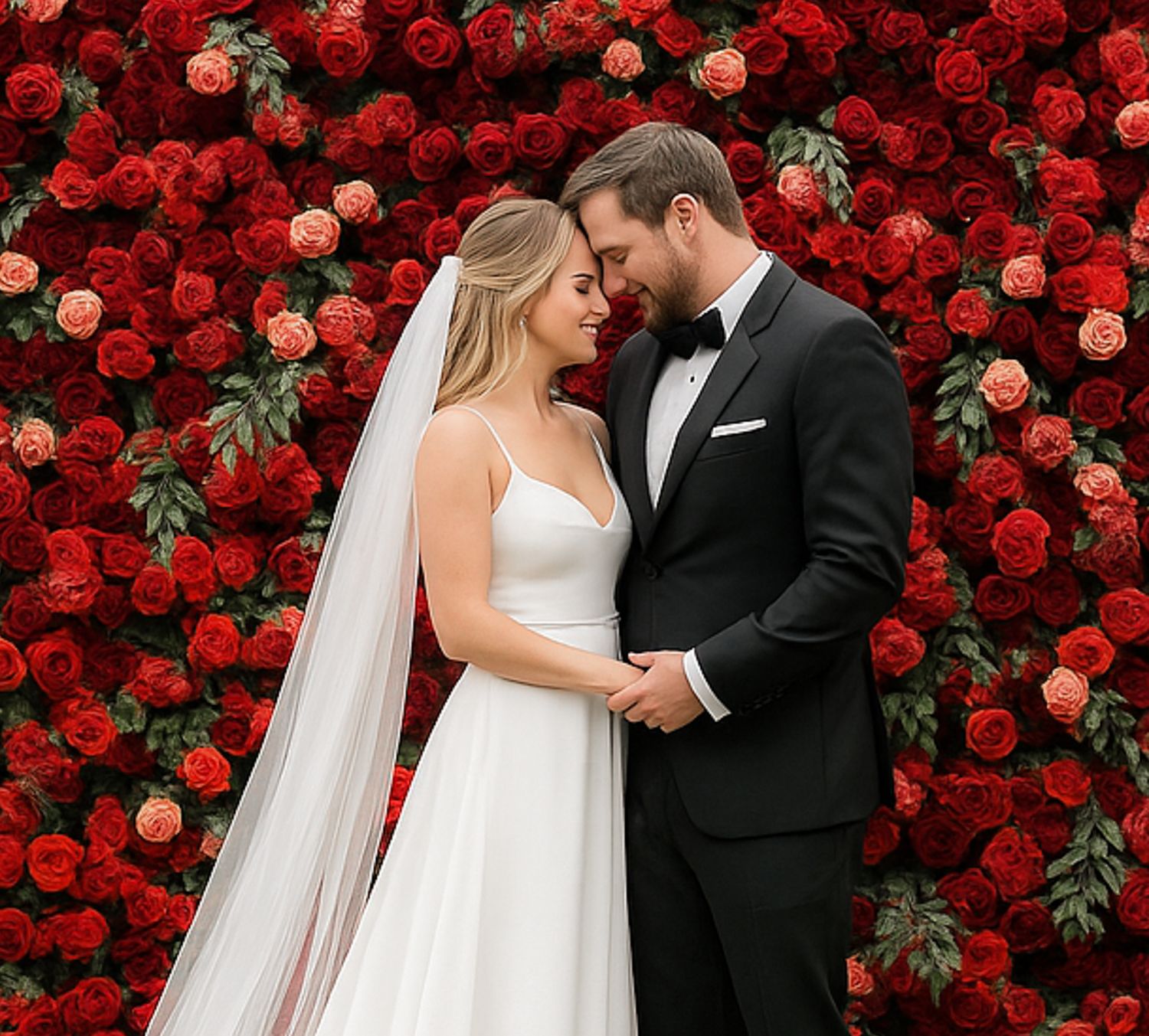 A couple shares an intimate moment in front of a stunning wall of red roses at their wedding.