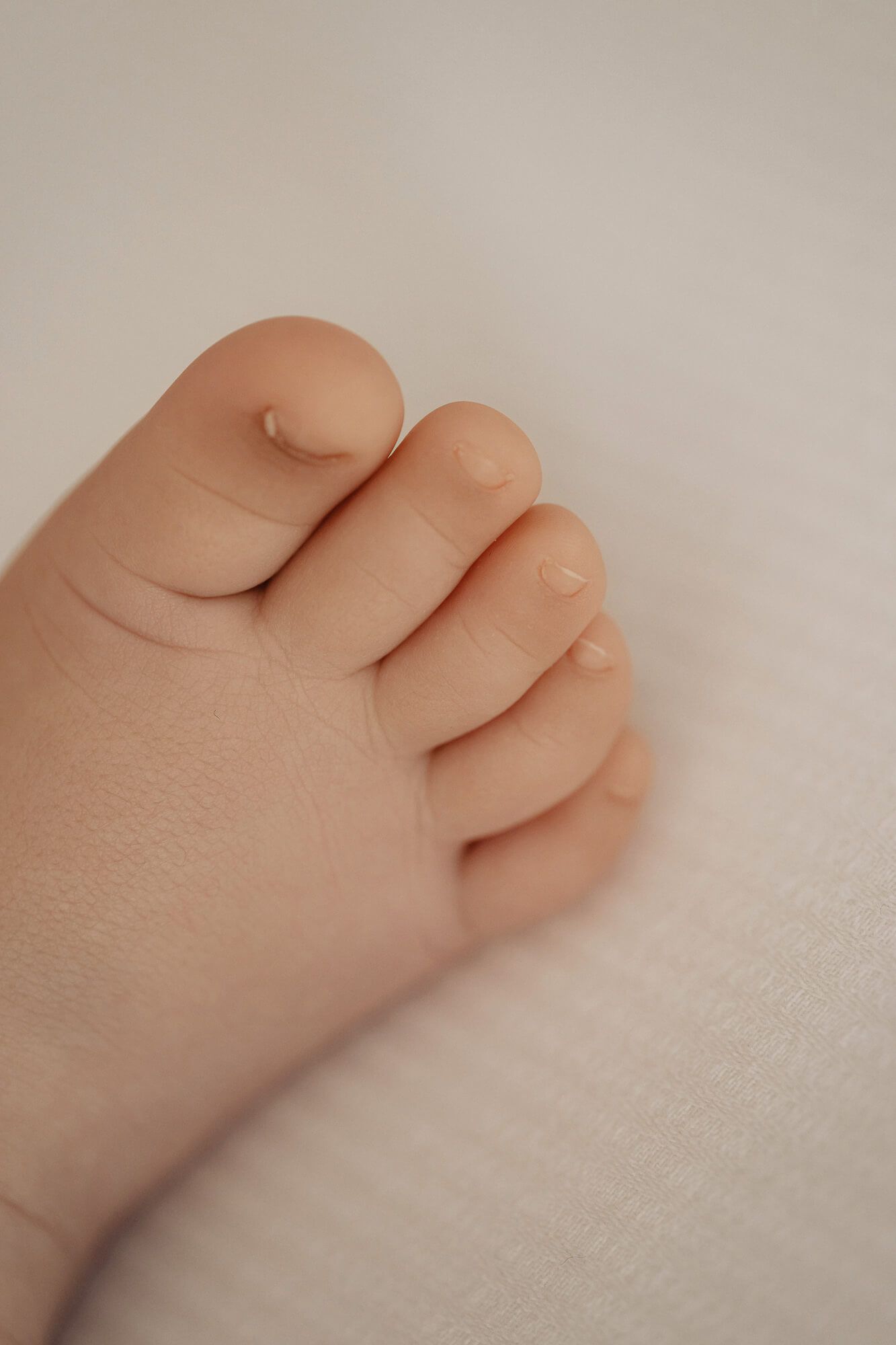 Close-up of tiny baby toes against white background in soft natural light.