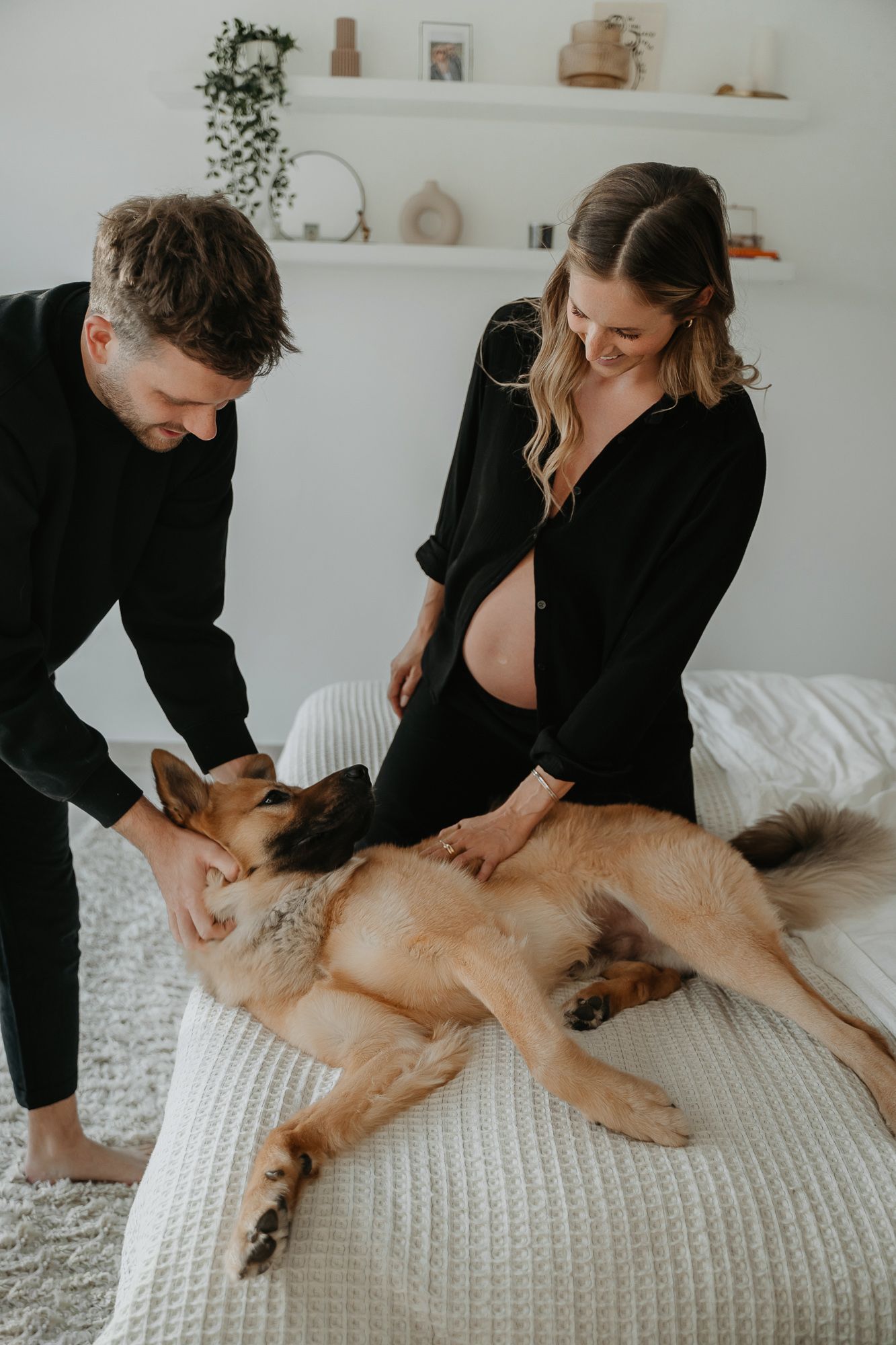 Expecting couple pets their golden retriever dog on a white bed during maternity photoshoot.