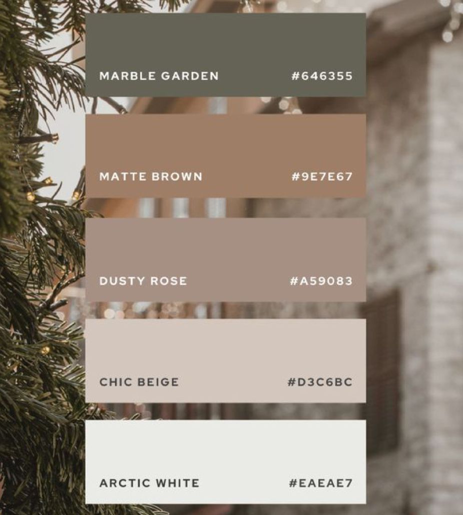 Color palette featuring earthy tones of marble garden, matte brown, dusty rose, chic beige and arctic white.