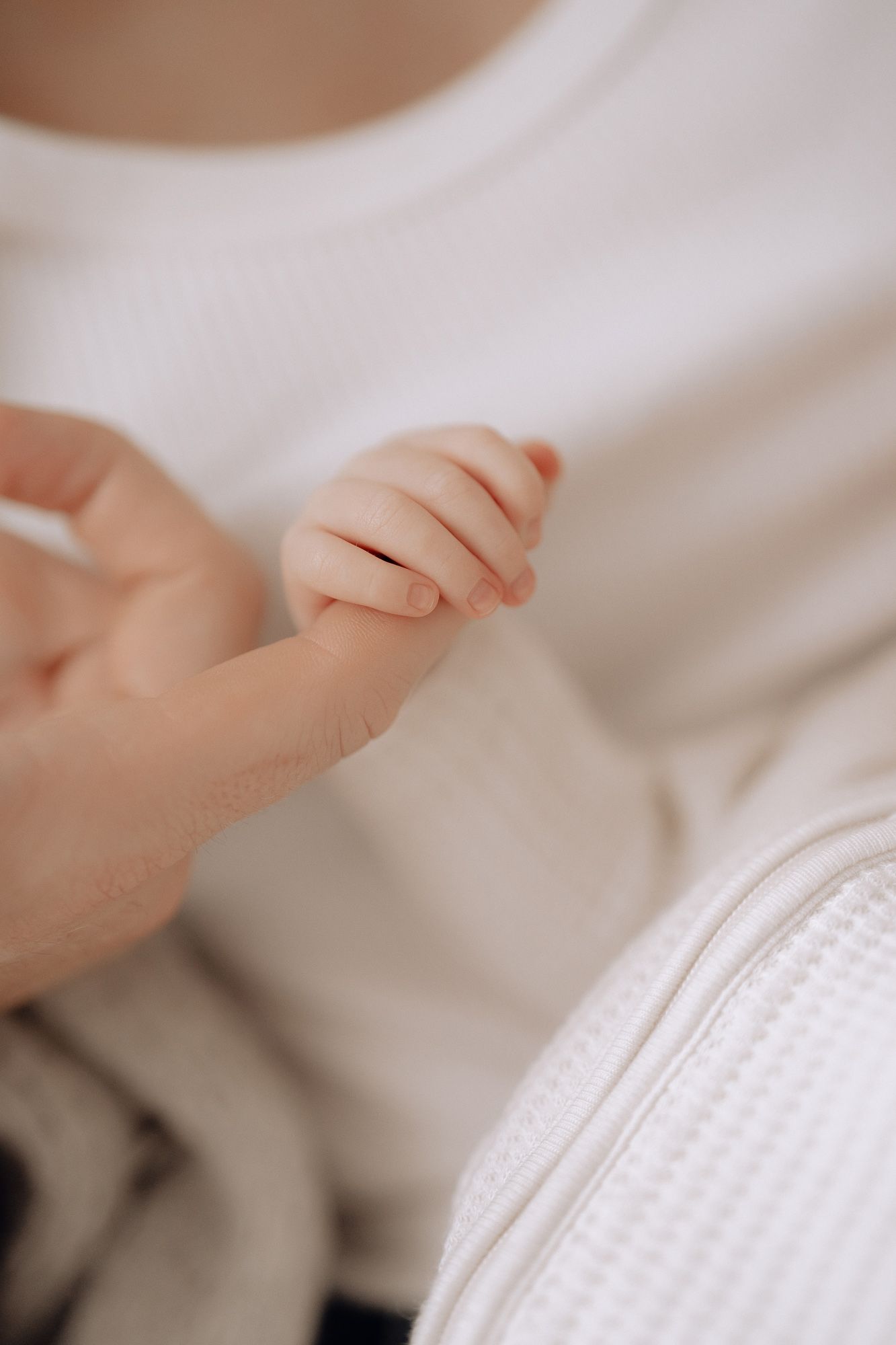 A tiny baby's hand gently grasps an adult finger against a soft white background.