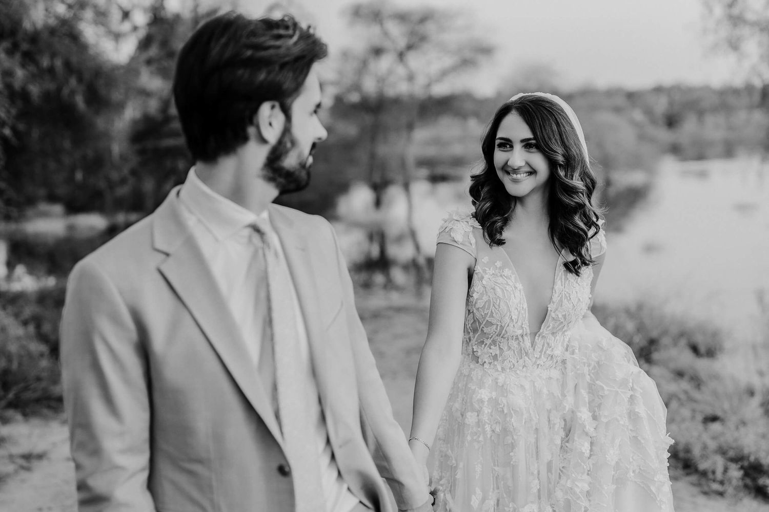 A collection of romantic outdoor wedding photos showing a couple in various tender moments and poses at a natural setting.