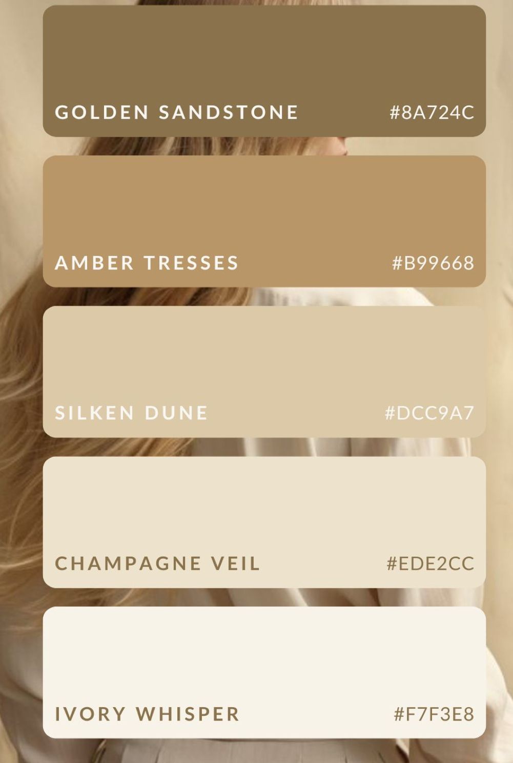 Warm neutral color palette featuring golden and champagne tones with corresponding hex codes.