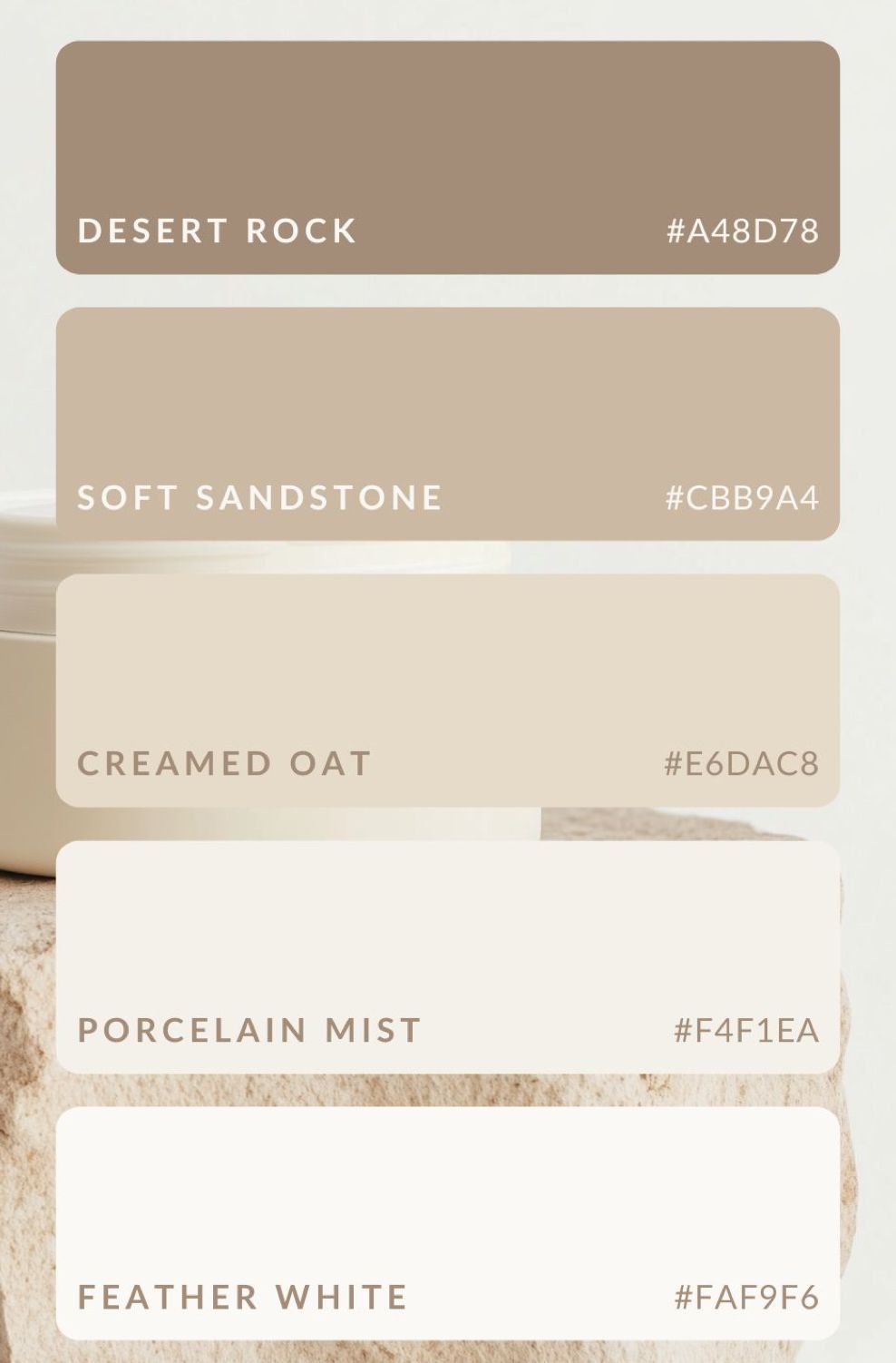 Neutral paint color palette ranging from desert rock to feather white with hex codes.