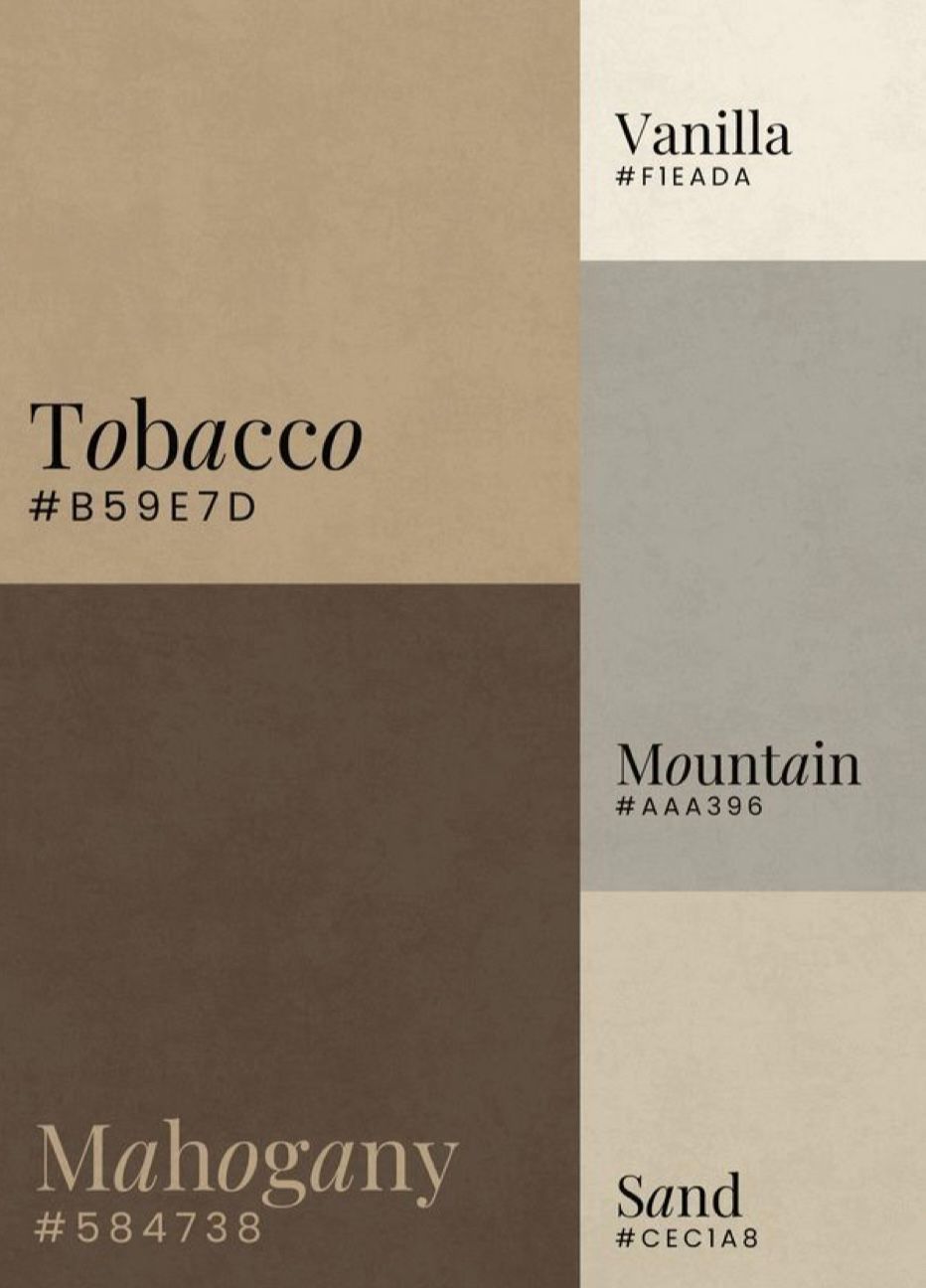 Minimalist color palette featuring tobacco, vanilla, mountain, mahogany and sand tones with hex codes.