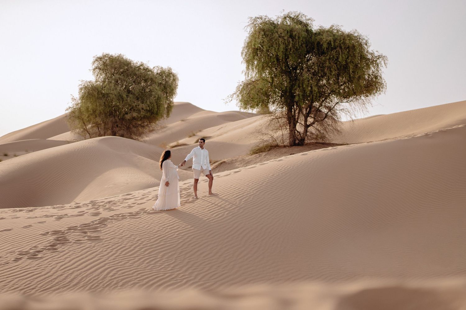 People walking along desert sand dune ridge with trees in background.
