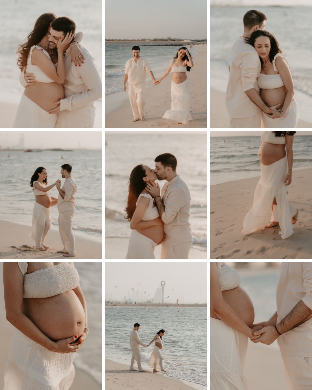 Romantic beach maternity photoshoot collage featuring couple in flowing white outfits at sunset.