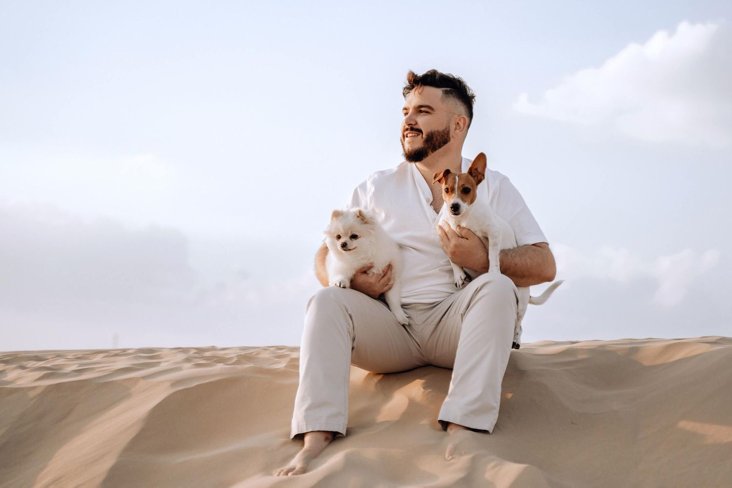 Two small dogs sitting on desert sand dunes with cloudy sky backdrop.