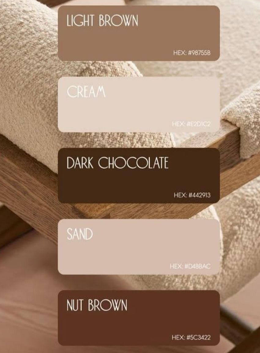 Color scheme showing neutral brown tones from light brown to dark chocolate with hex codes.