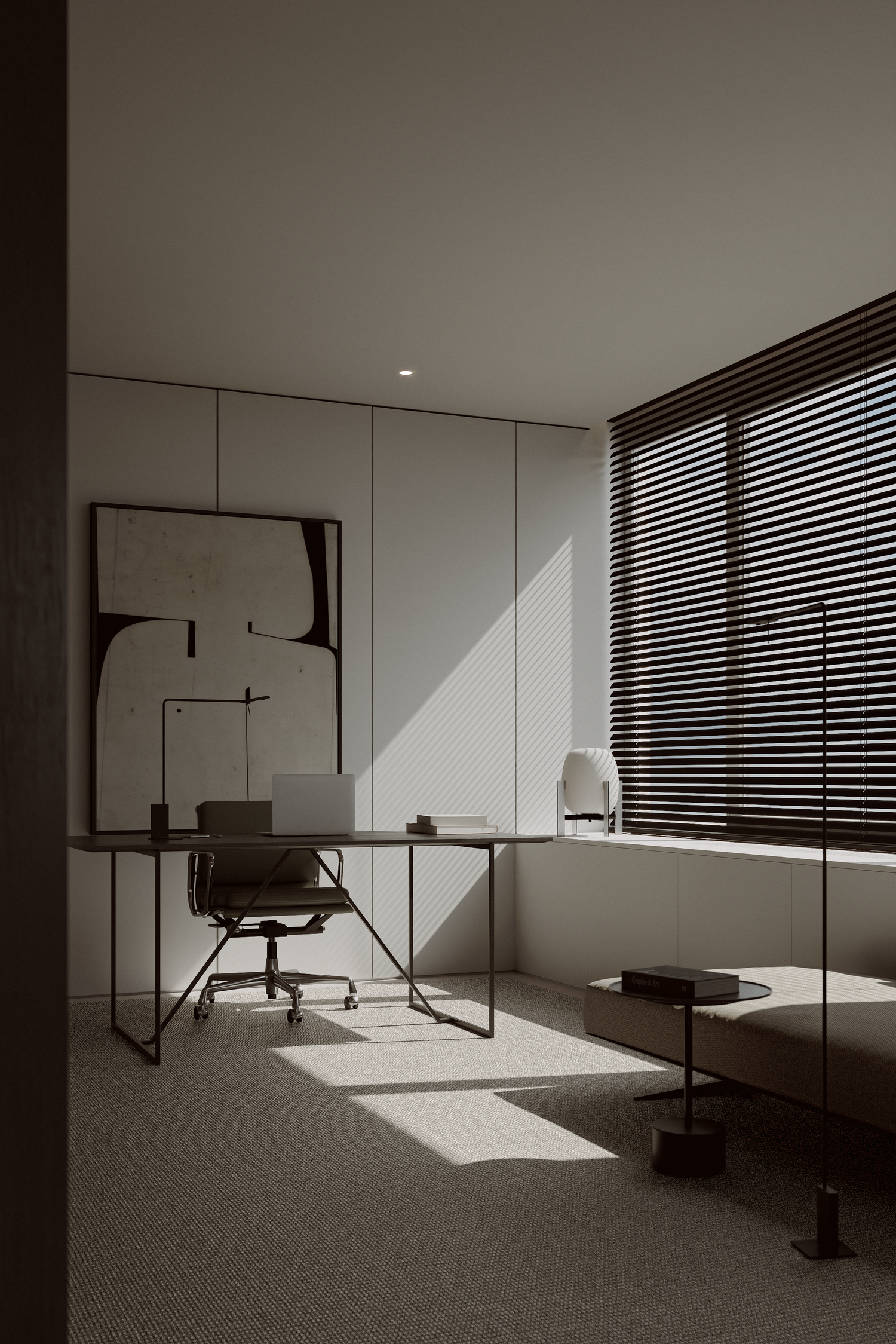 Minimalist home office with black desk, ergonomic chair, abstract wall art, and natural light through wooden blinds.