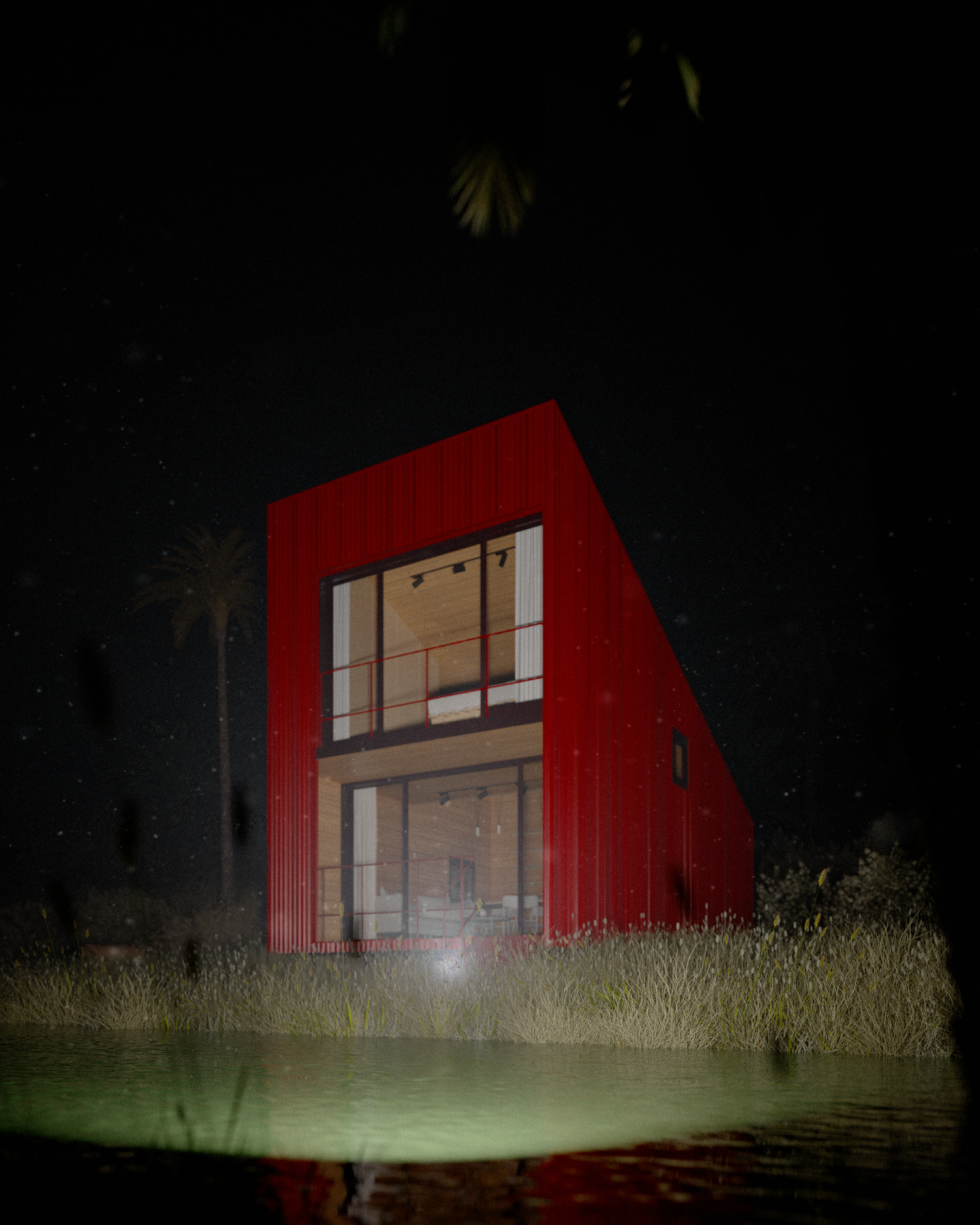 Red modern cabin illuminated at night with warm interior lighting beside dark water.