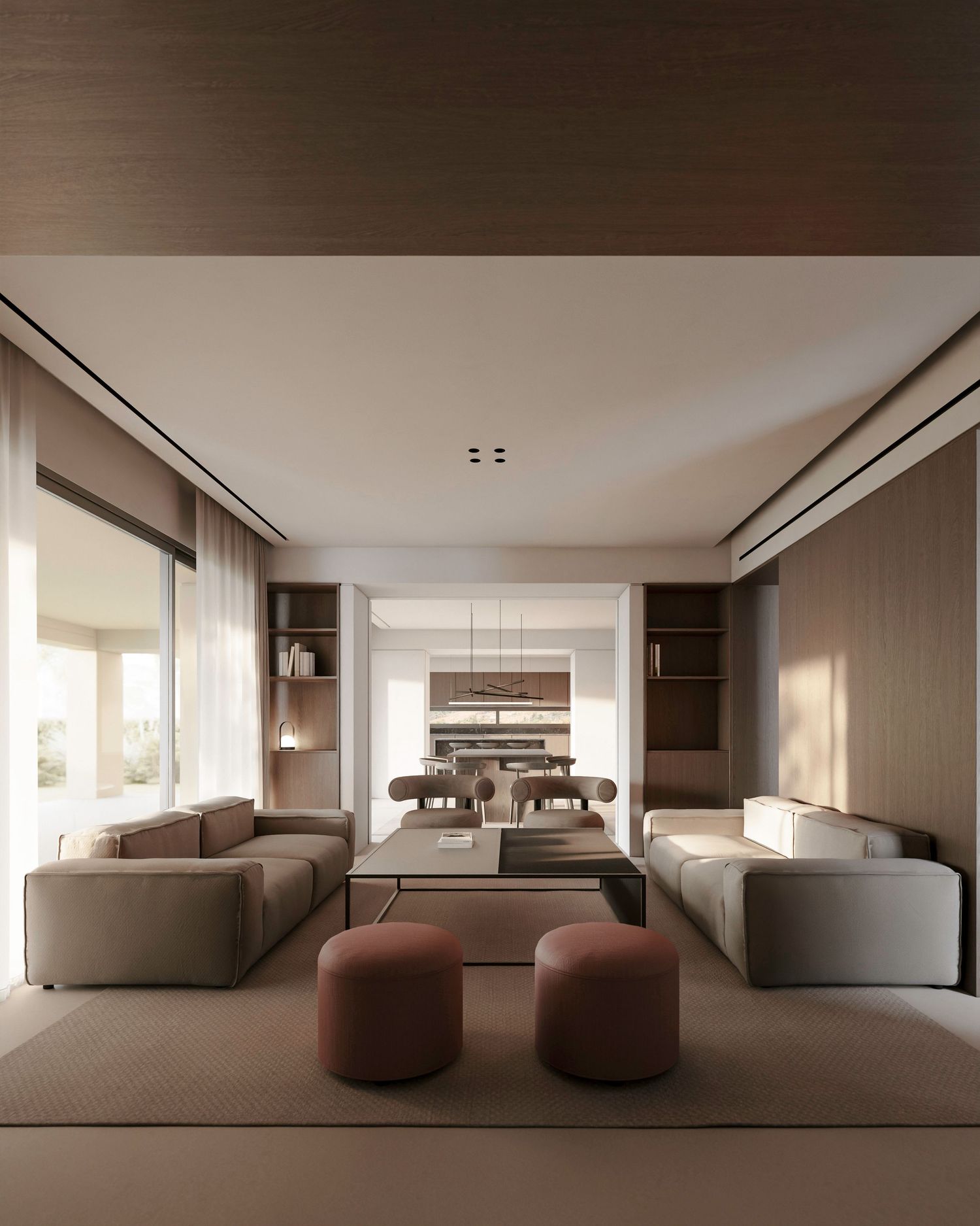 A series of photos showcasing a minimalist beige interior design with smooth curves and subtle lighting in a modern home.