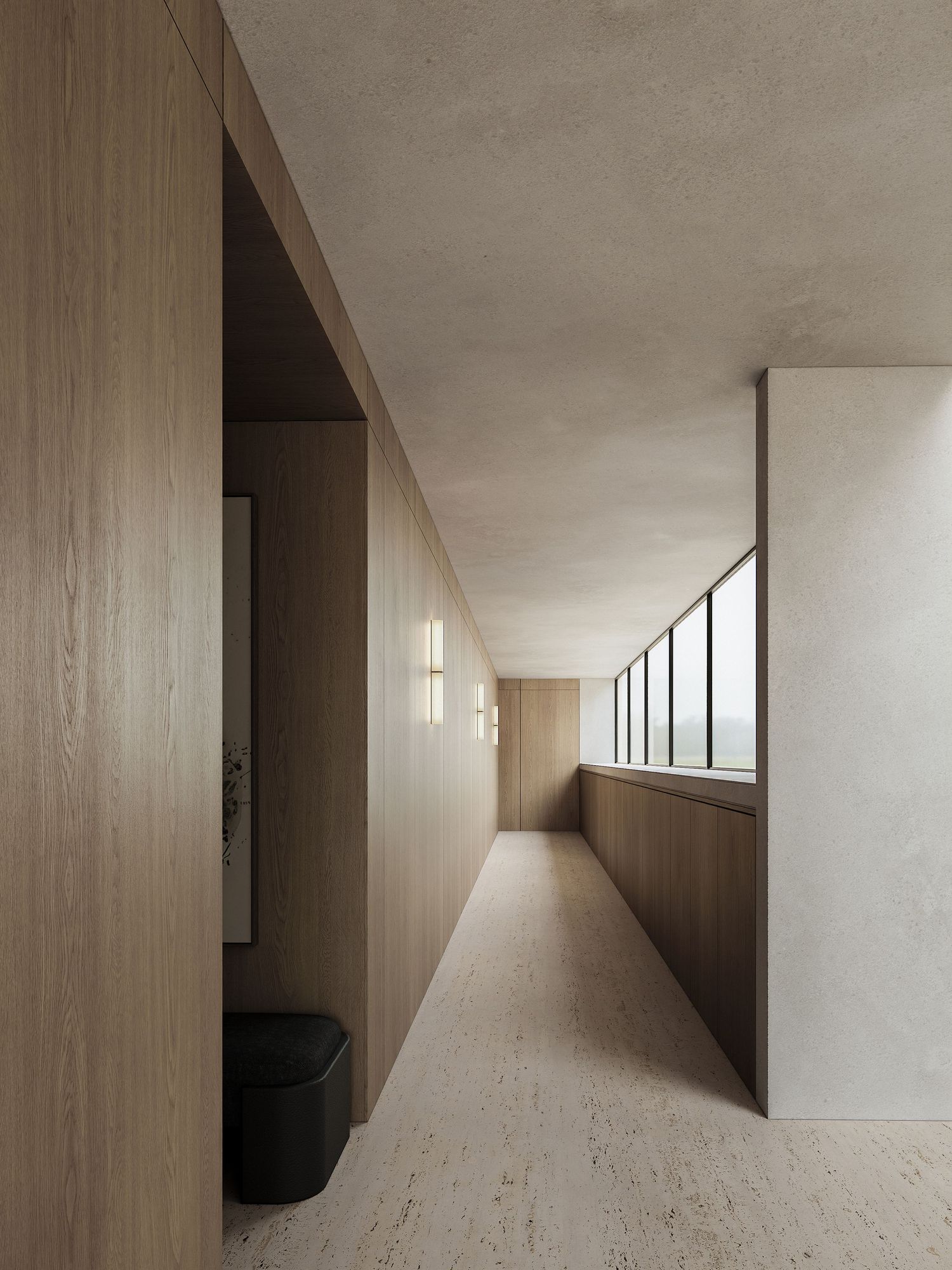 Minimalist hallway with wooden walls, large windows, and neutral tones featuring clean architectural lines and natural light.