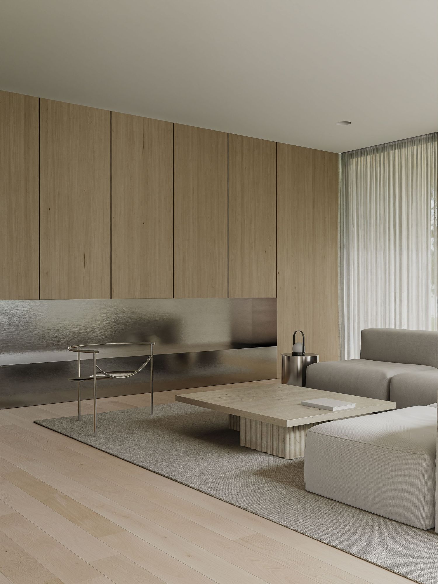 Contemporary minimalist living room interior with floating platform seating and clean light wood paneling throughout.