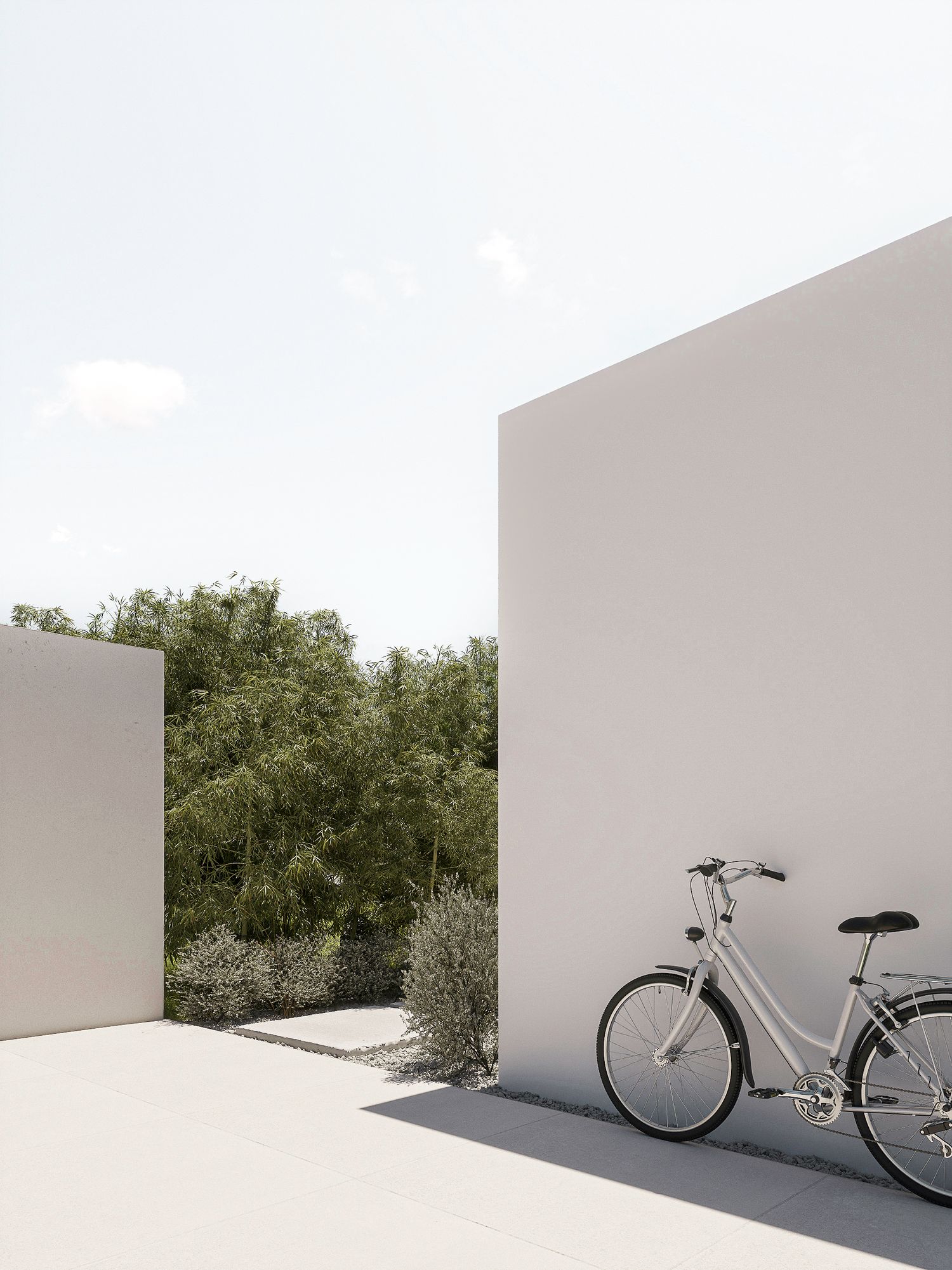 A bicycle silhouette is positioned against a white wall with shadows creating a minimalist architectural composition.