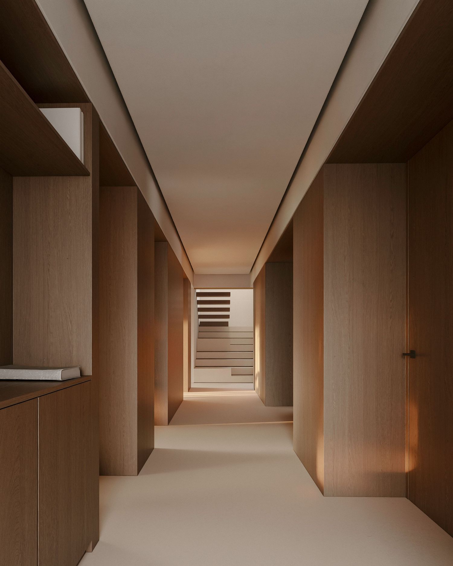 Minimalist hallway with brown wooden walls and soft lighting creates a modern architectural perspective and geometric shapes.