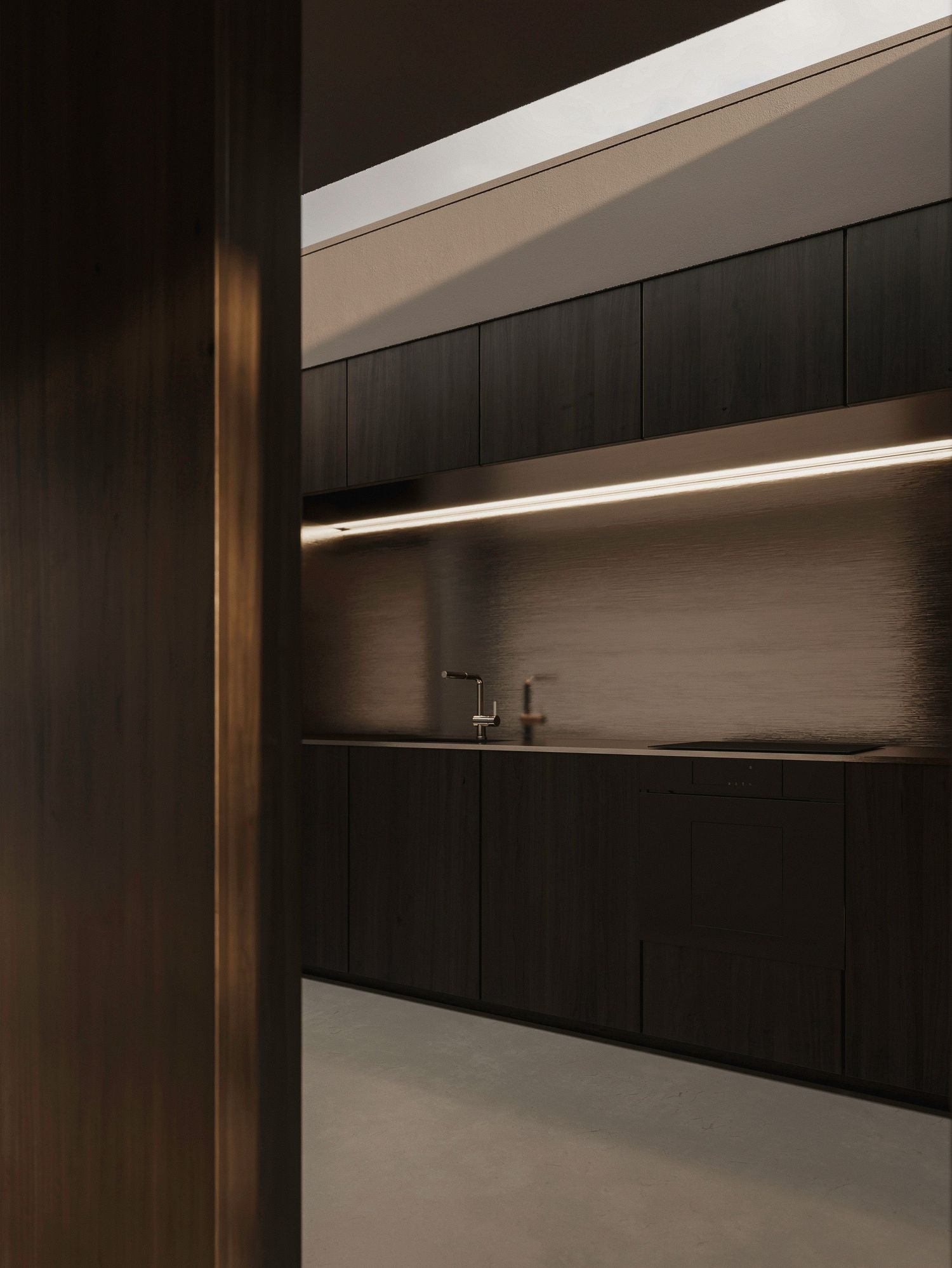 Modern minimalist kitchen interior with dark wooden cabinets and sleek linear lighting in a moody atmospheric setting.