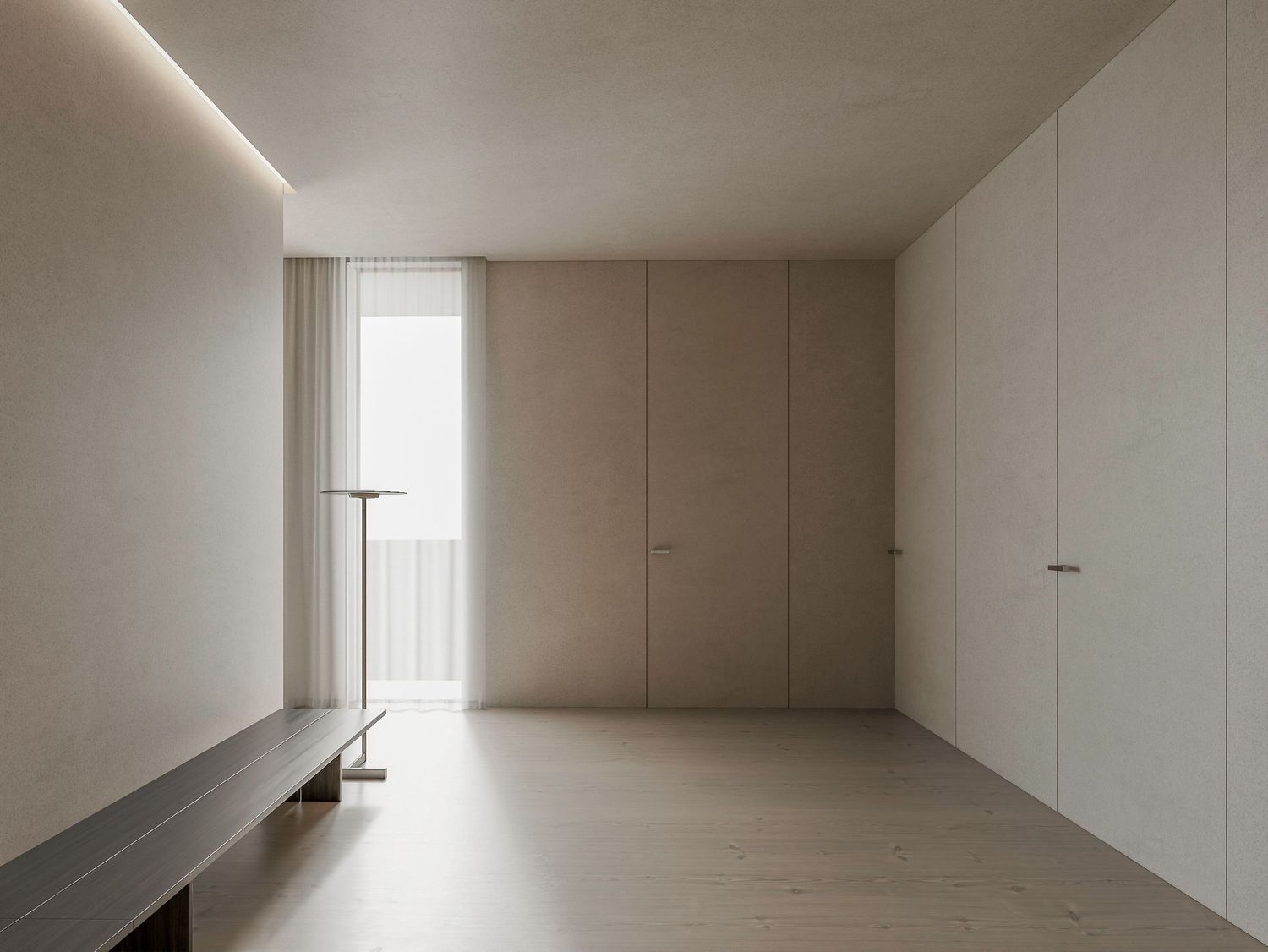 Minimalist interior room with white walls, built-in storage, wooden flooring and tall window creating soft natural light.