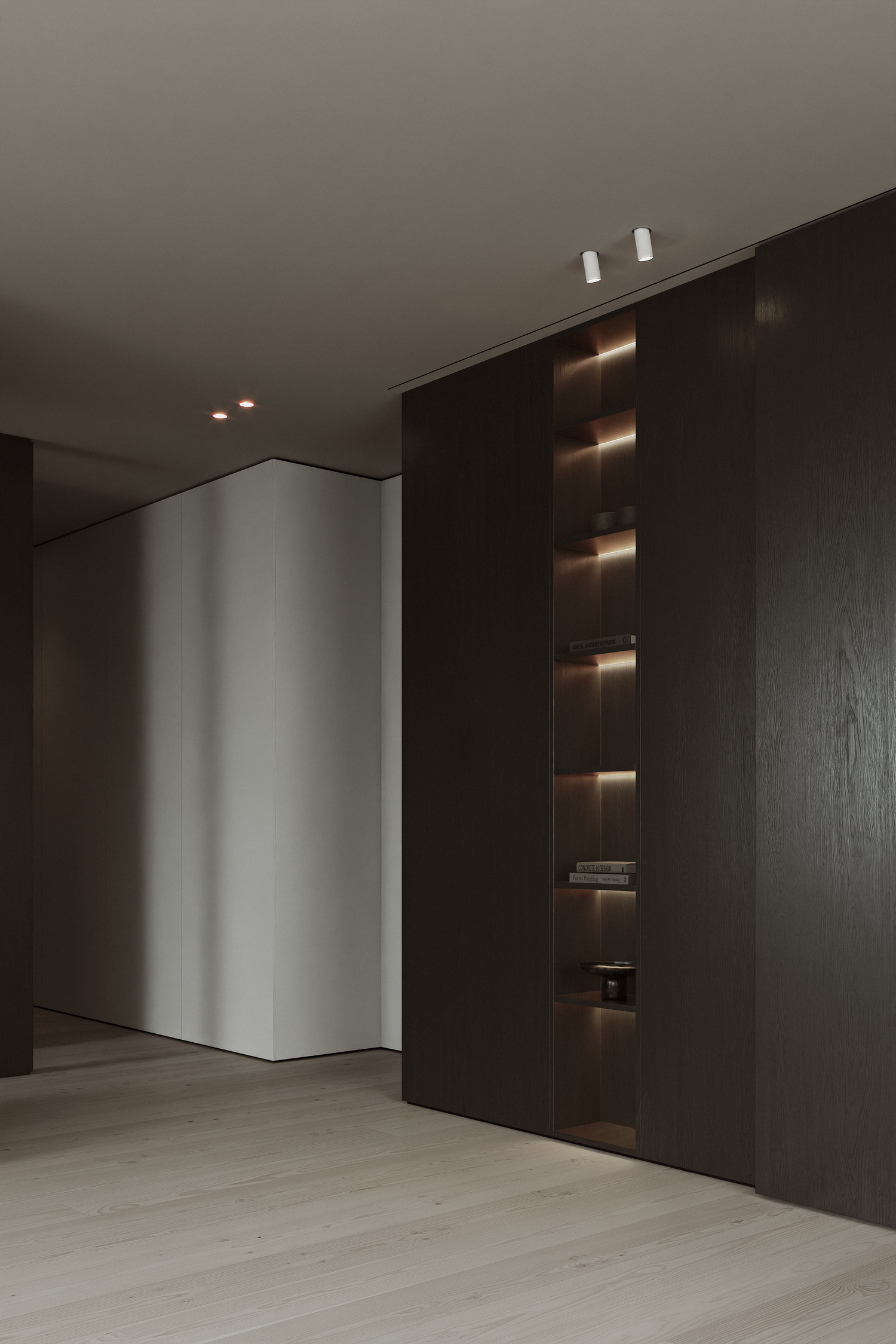 Modern minimalist hallway with dark wood wall panels, built-in illuminated shelving, and light hardwood floors.