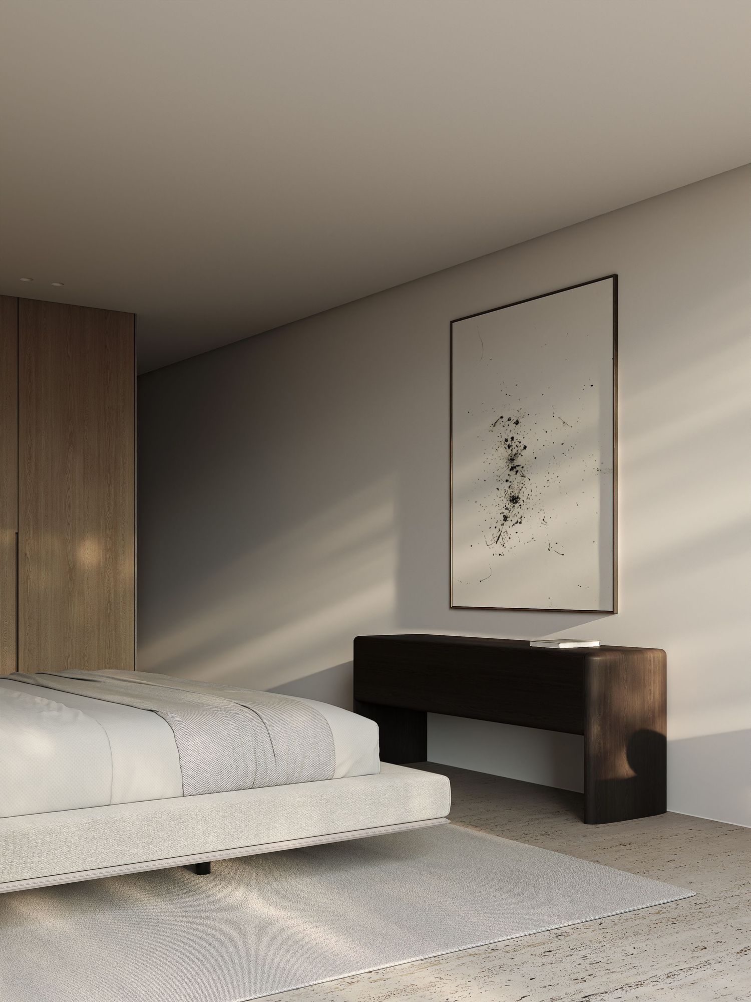 A modern minimalist floating bed with white linens featured in a sunlit room with wood paneled walls and simple decor.