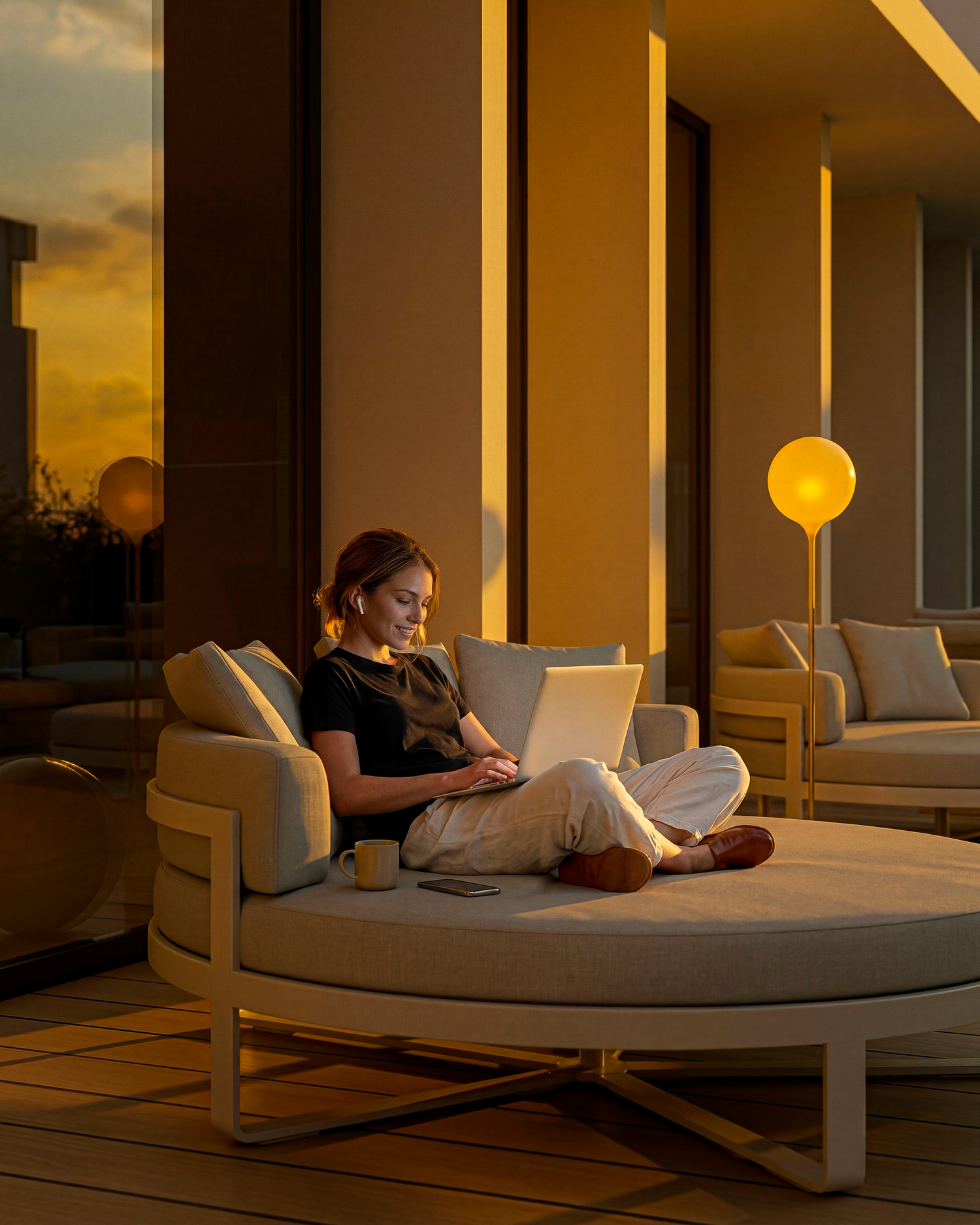 Woman working on laptop outdoors on a luxury terrace at sunset, surrounded by warm glowing lights.